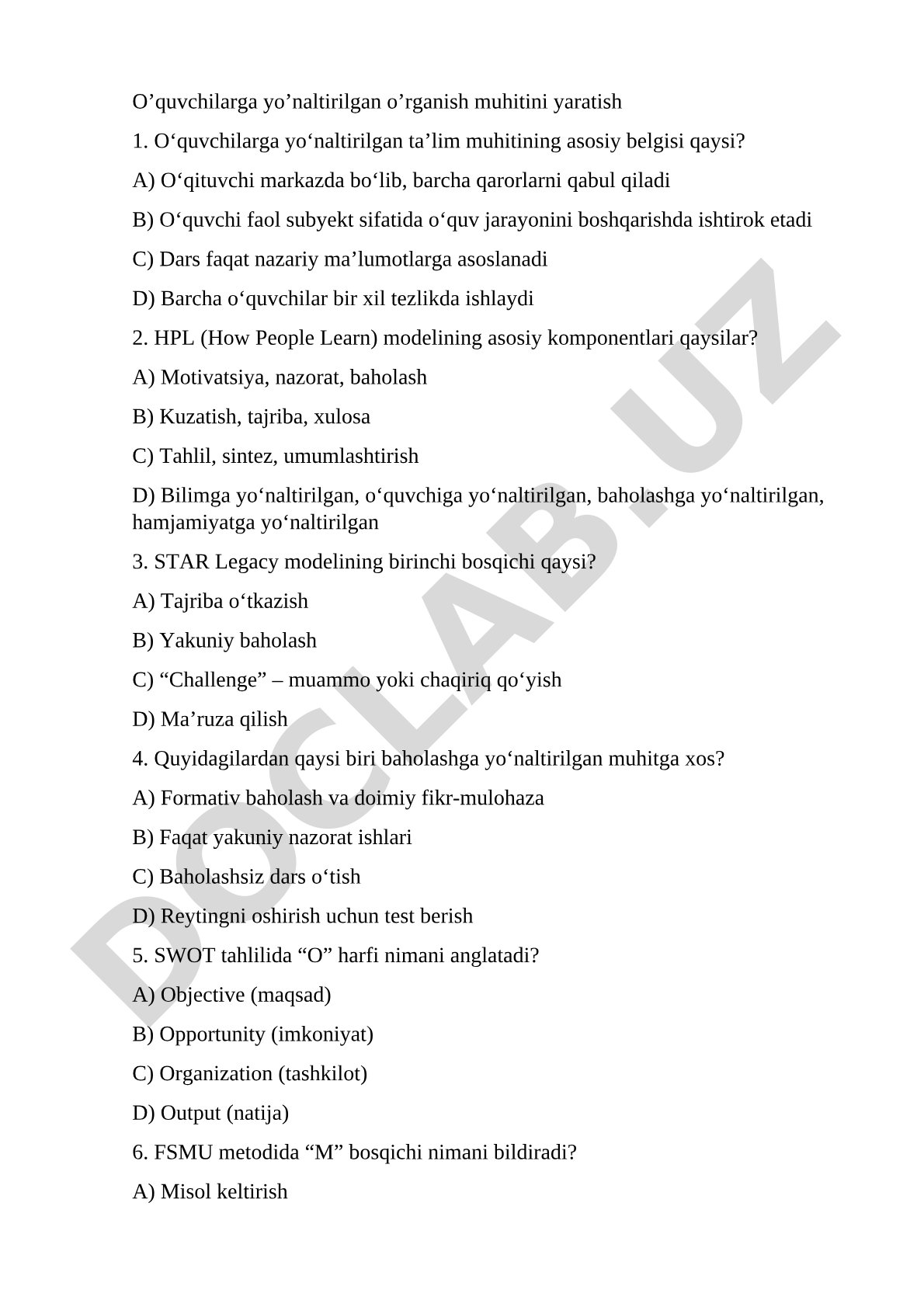 O'quvchilarga yo'naltirilgan ta'lim muhiti bo'yicha test savollari