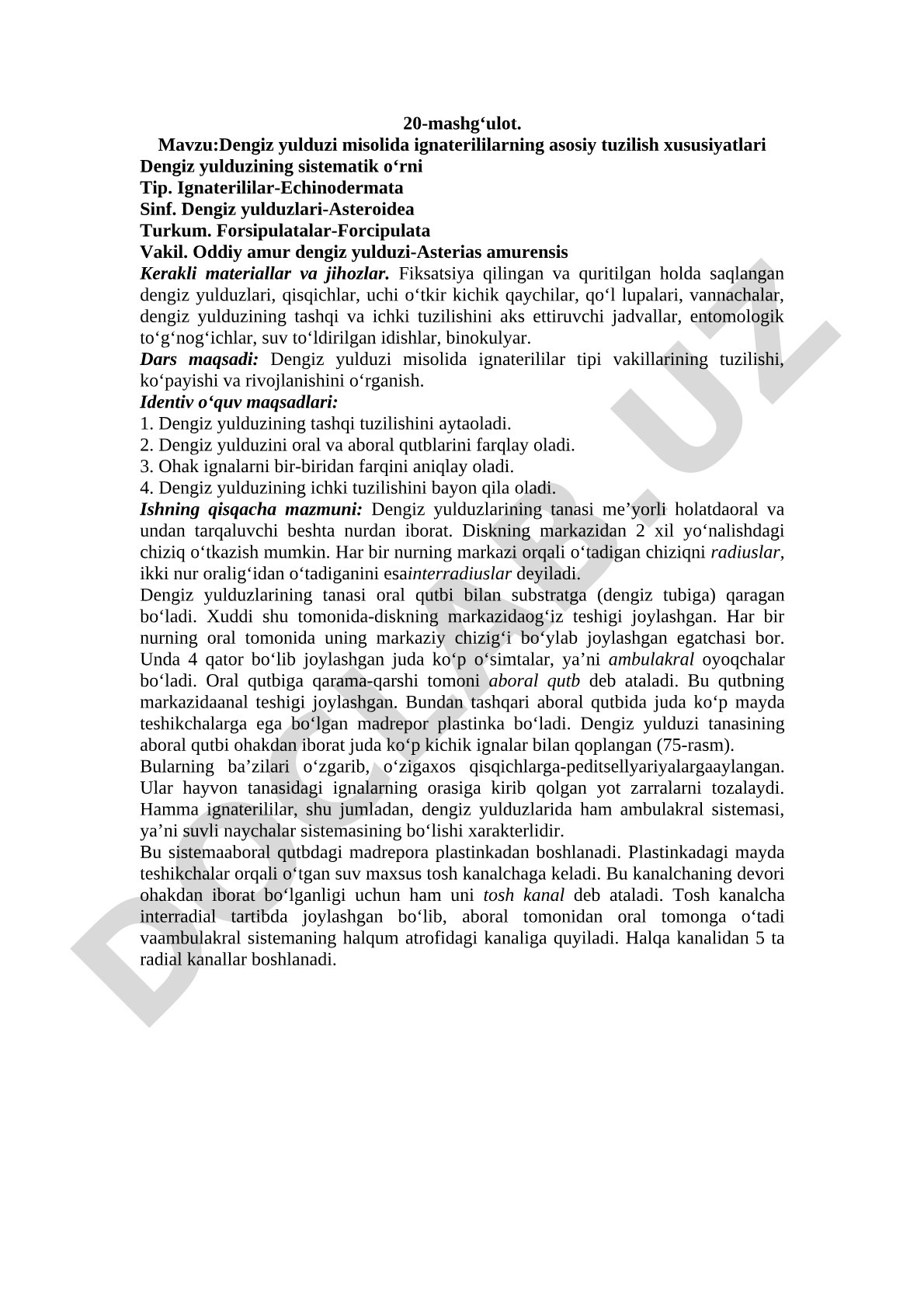 Dengiz yulduzi misolida ignaterililarning asosiy tuzilish xususiyatlari