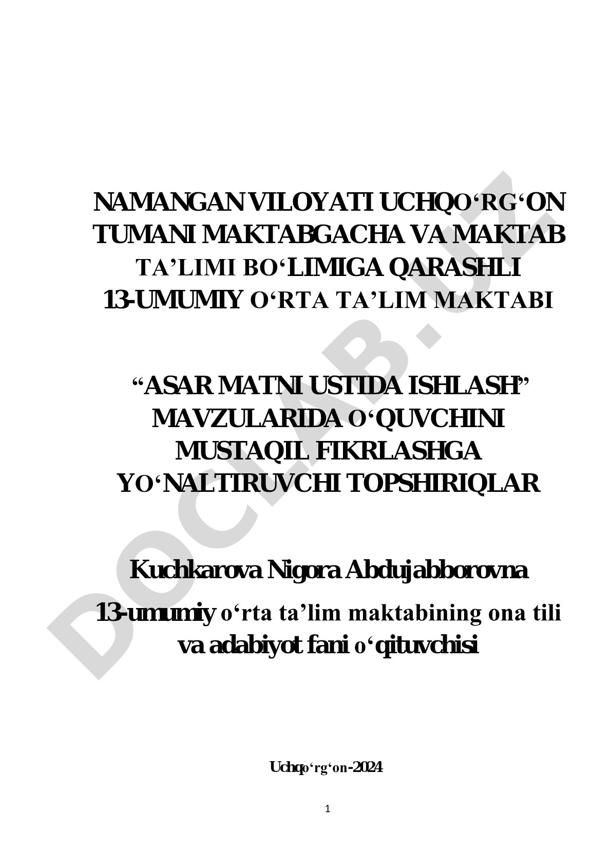 Asar matni ustida ishlash bo‘yicha mustaqil fikrlash topshiriqlari