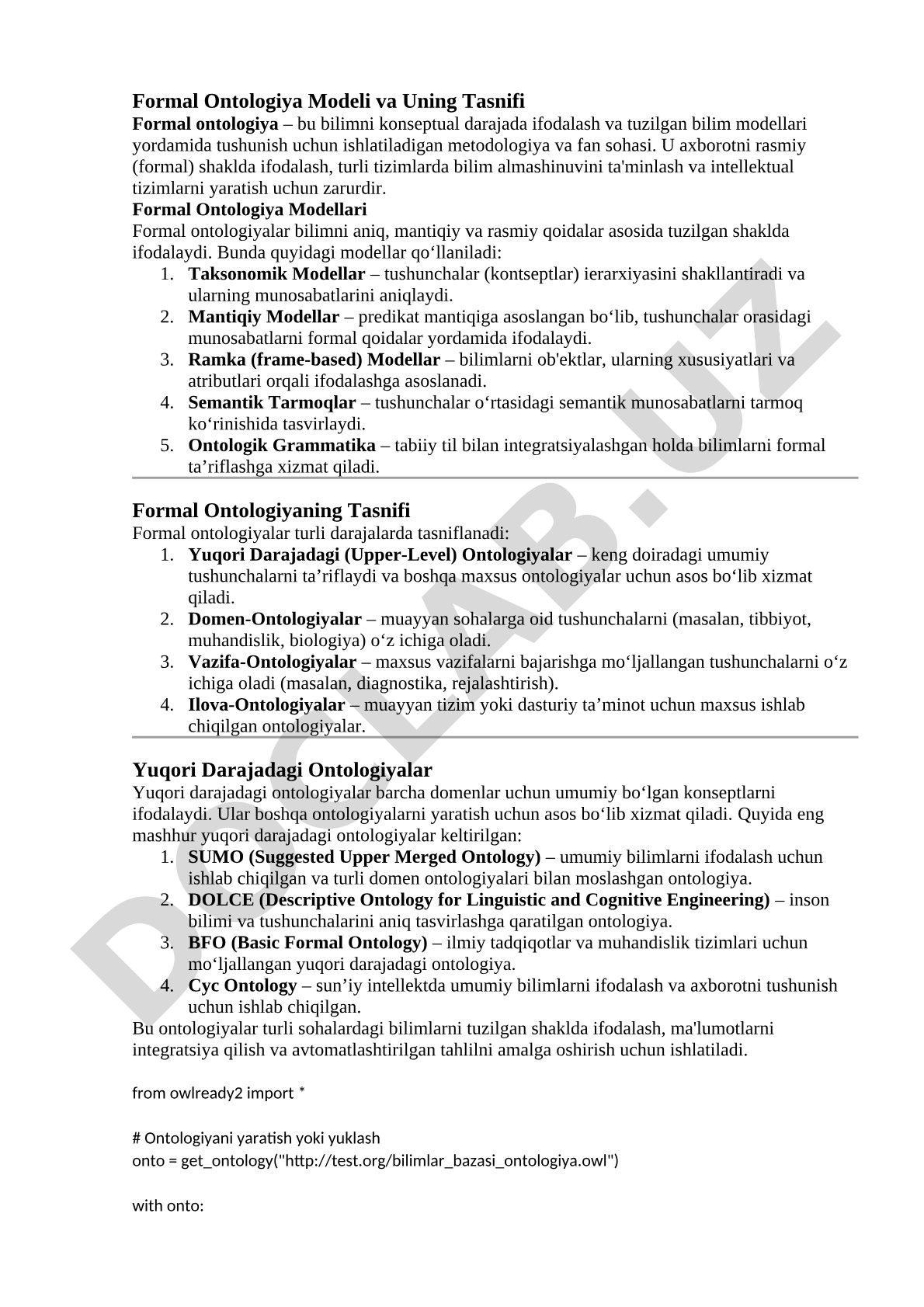 Formal Ontologiya Modeli va Uning Tasnifi