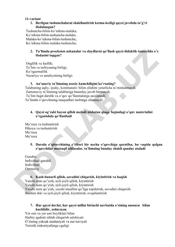Pedagogika fanidan test savollari va javoblari