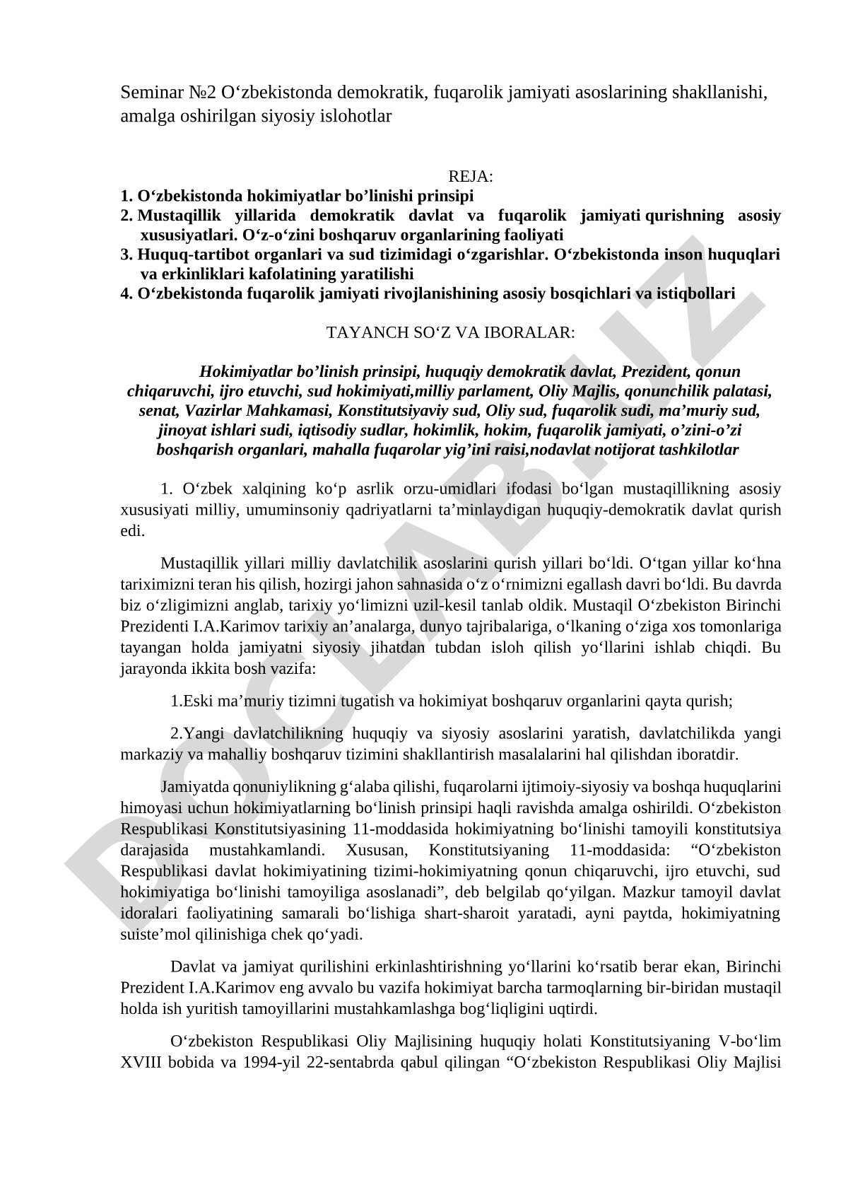 O‘zbekistonda demokratik, fuqarolik jamiyati asoslarining shakllanishi, amalga oshirilgan siyosiy islohotlar