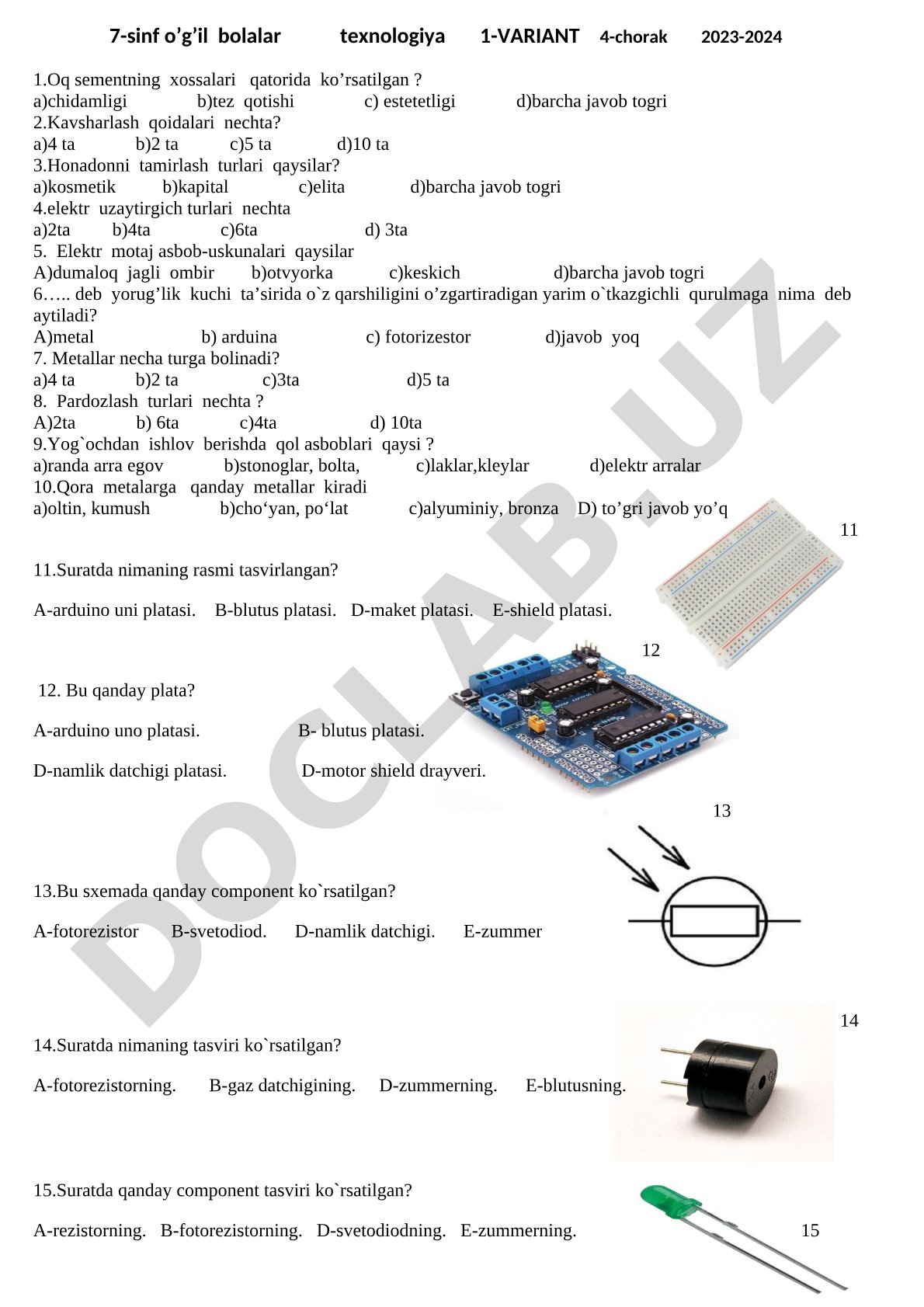 7-sinf o'g'il bolalar texnologiya fanidan 1-variant test