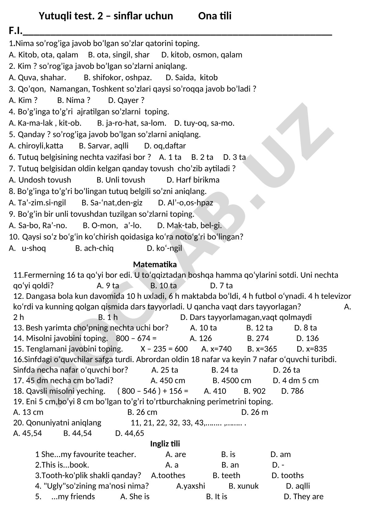 2-sinf Ona tili va Matematika test savollari