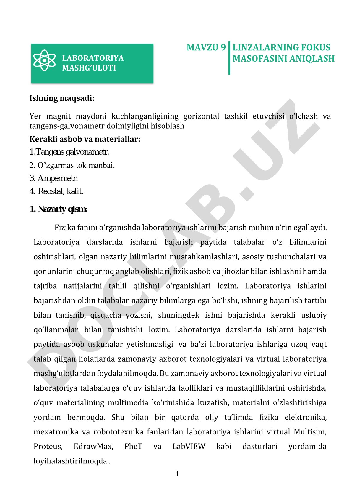 1 MAVZU 9 LINZALARNING FOKUS MASOFASINI ANIQLASH