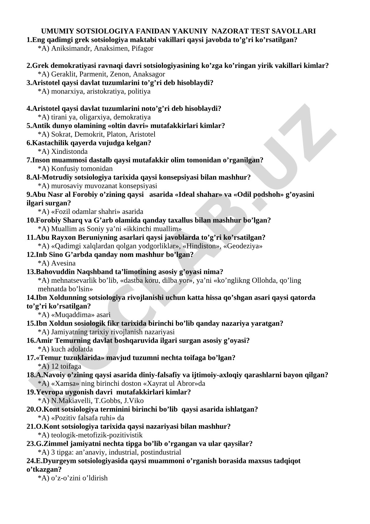 Umumiy sotsiologiya fanidan yakuniy nazorat test savollari