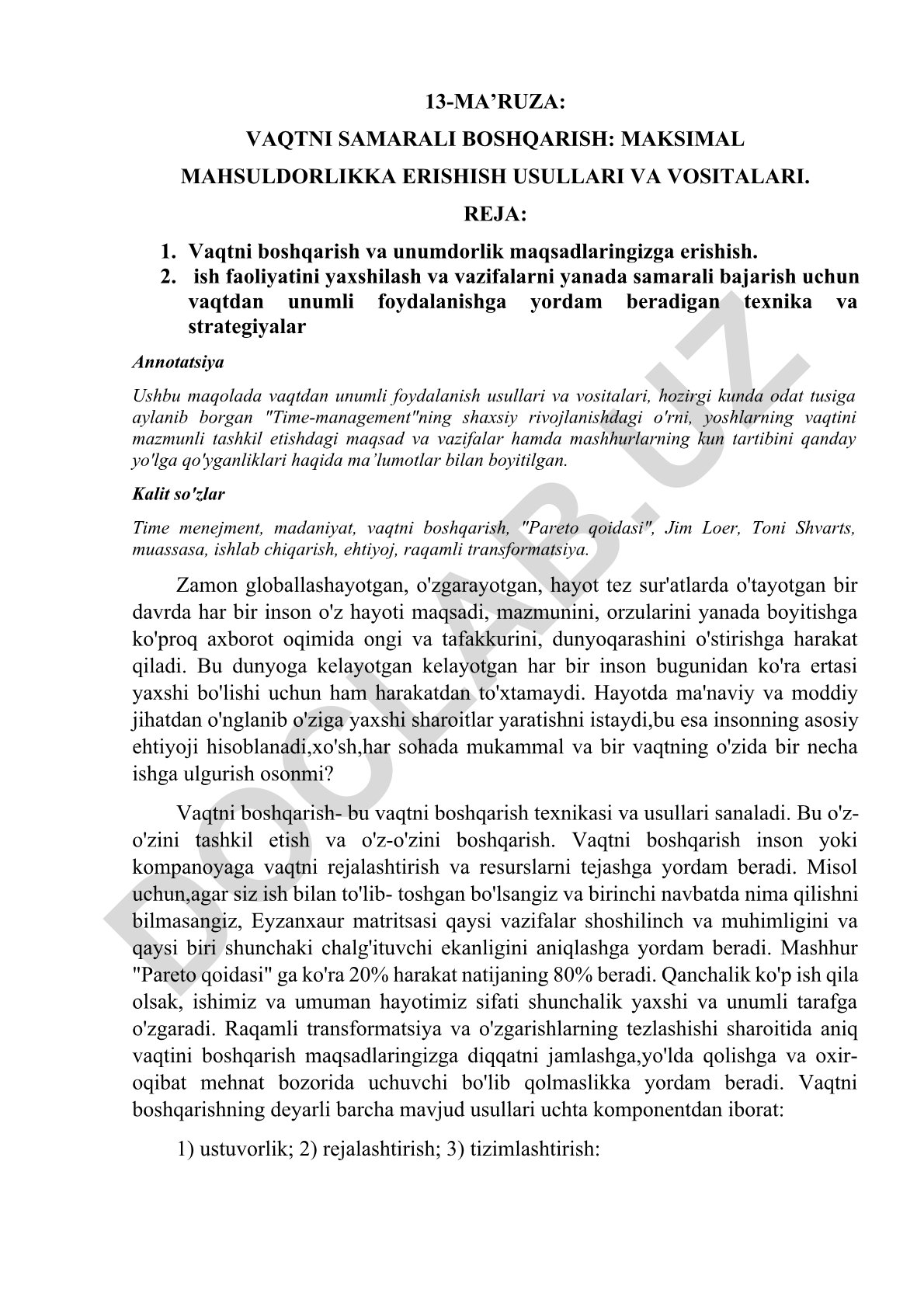 Vaqtni samarali boshqarish: maksimal mahsuldorlikka erishish usullari va vositalari