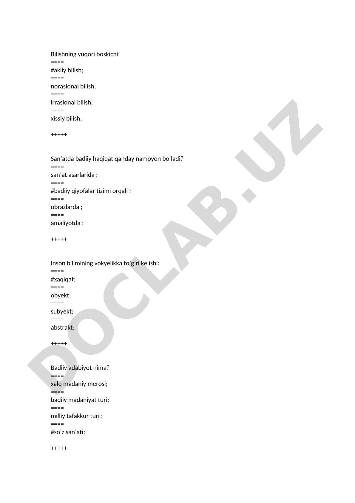 Bilish nazariyasi va estetika test savollari