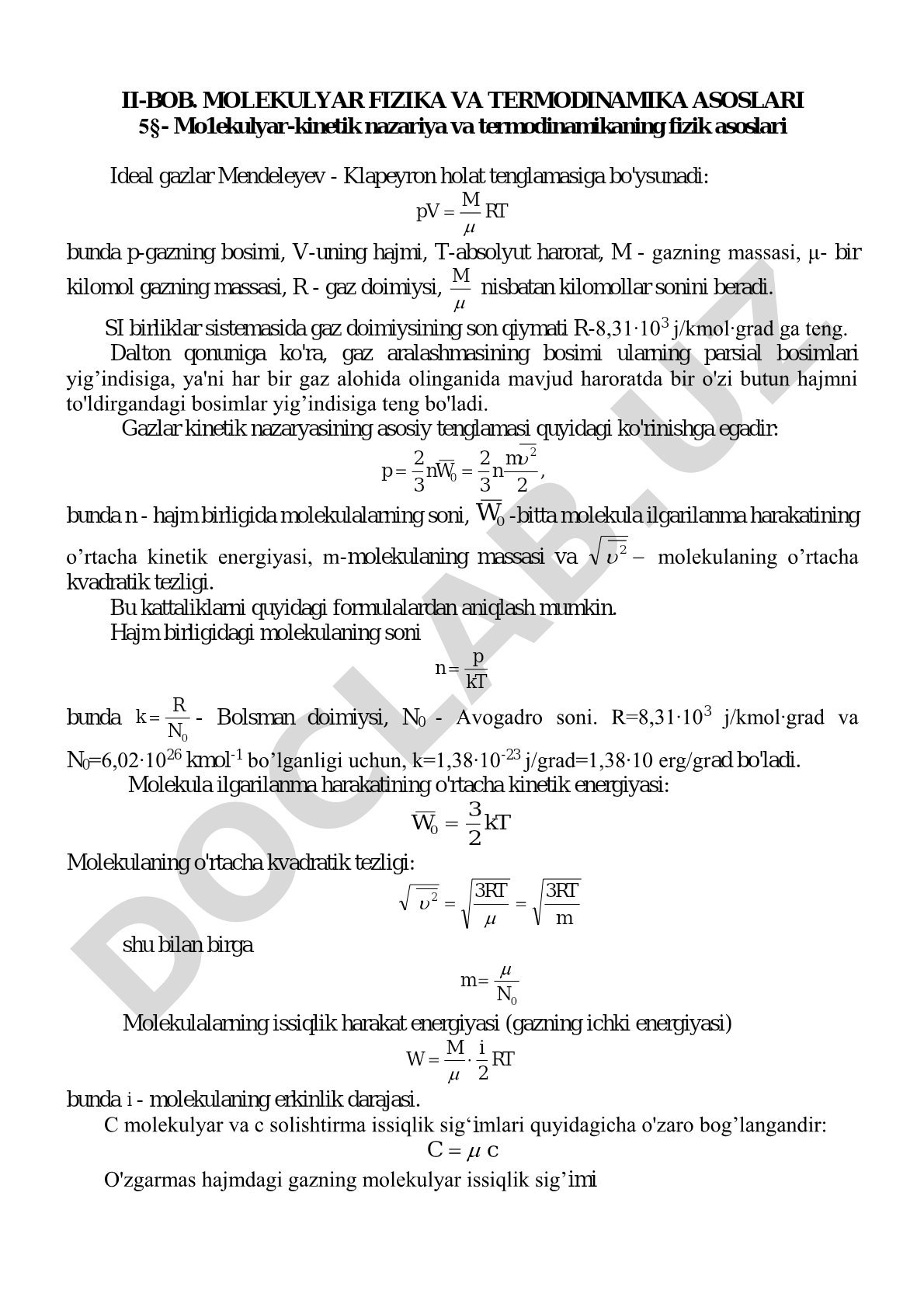 Molekulyar-kinetik nazariya va termodinamikaning fizik asoslari