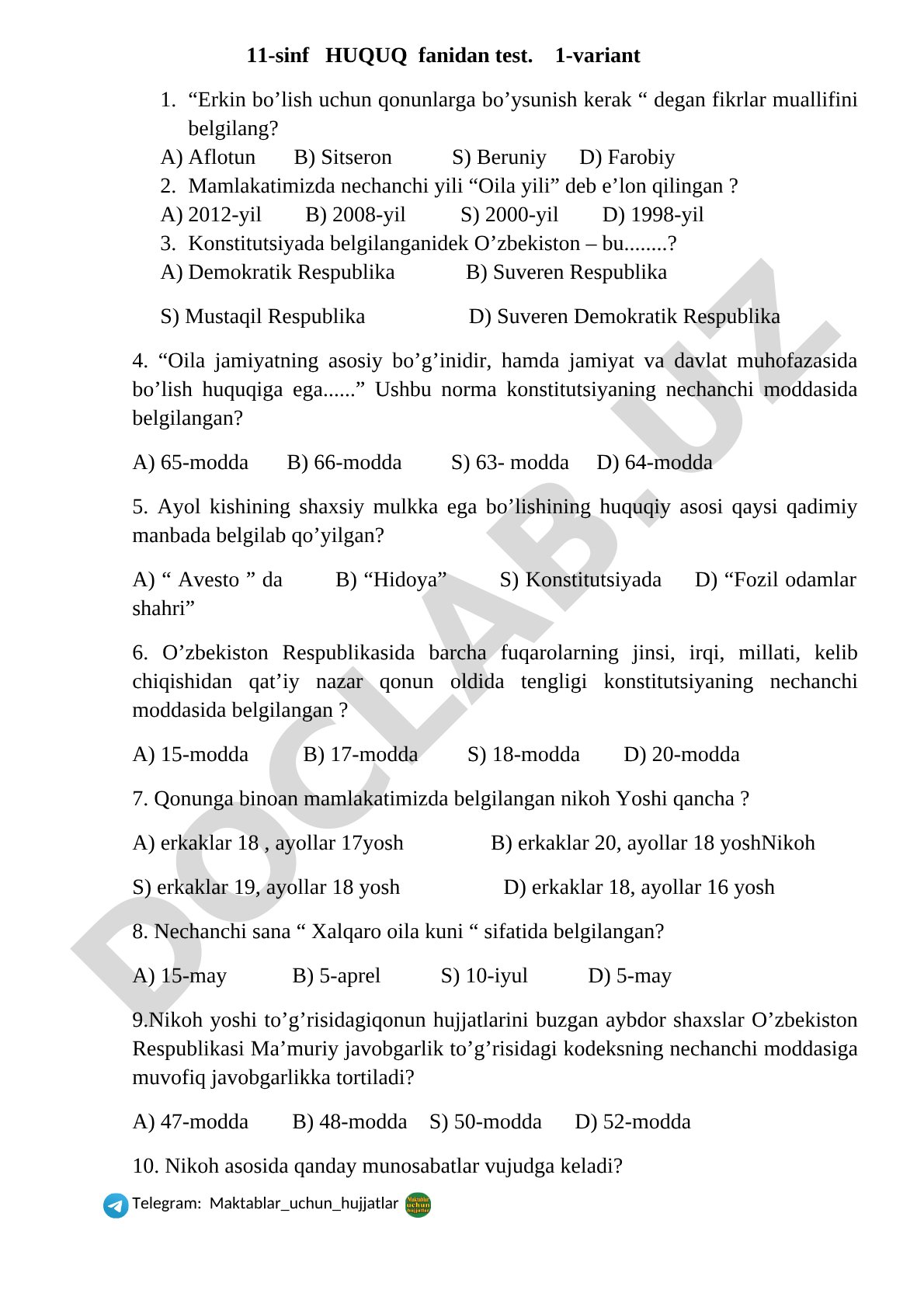 11-sinf HUQUQ fanidan test 1-variant