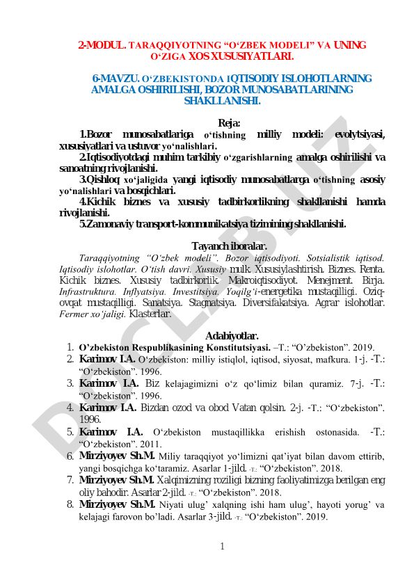 O'zbekistonda iqtisodiy islohotlarning amalga oshirilishi va bozor munosabatlarning shakllanishi