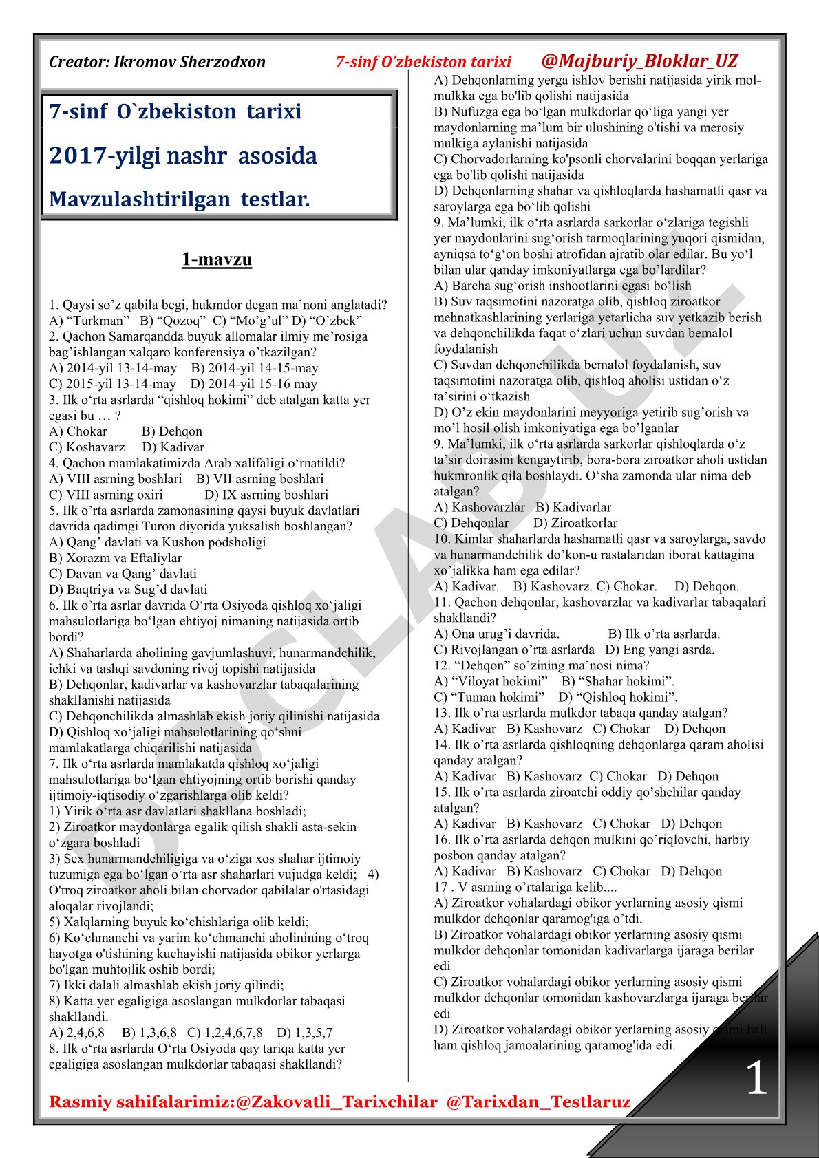 O'zbekiston tarixi 7-sinf mavzulashtirilgan testlar