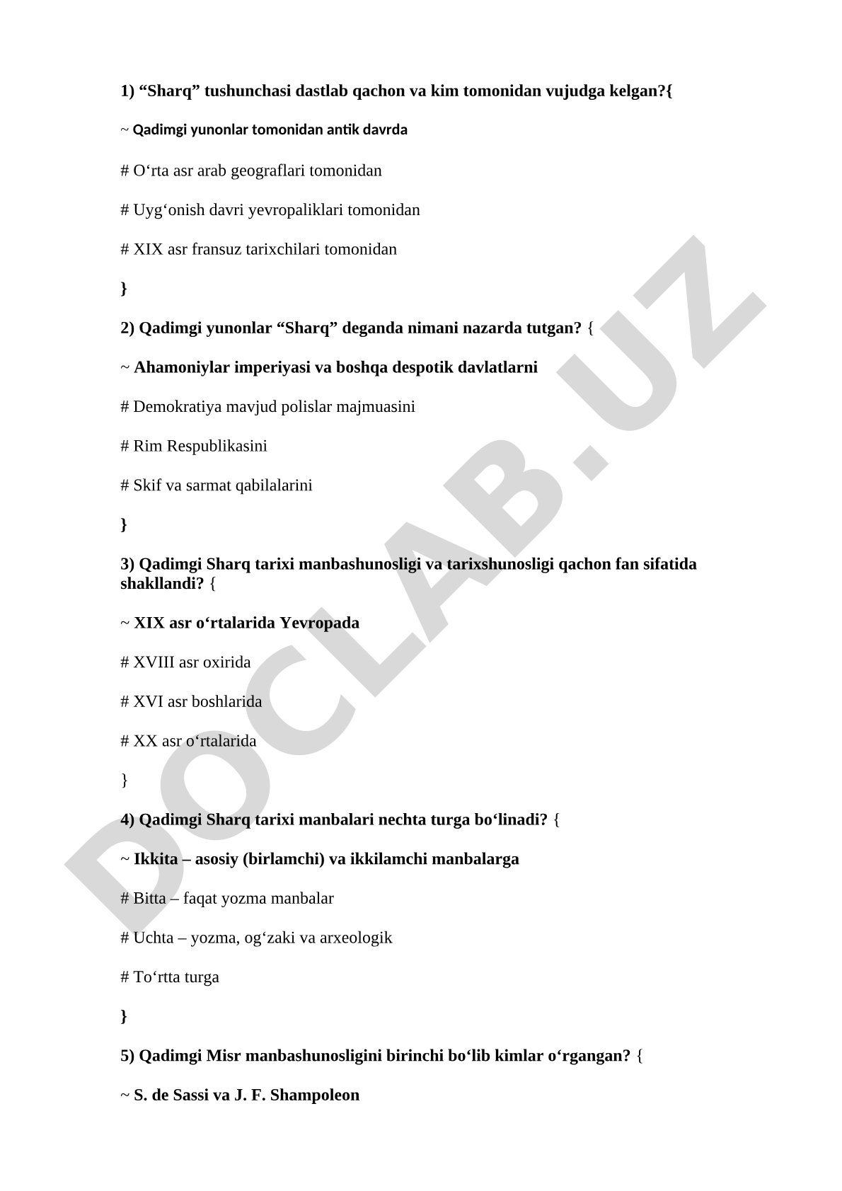 Qadimgi Sharq tarixi bo'yicha test savollari