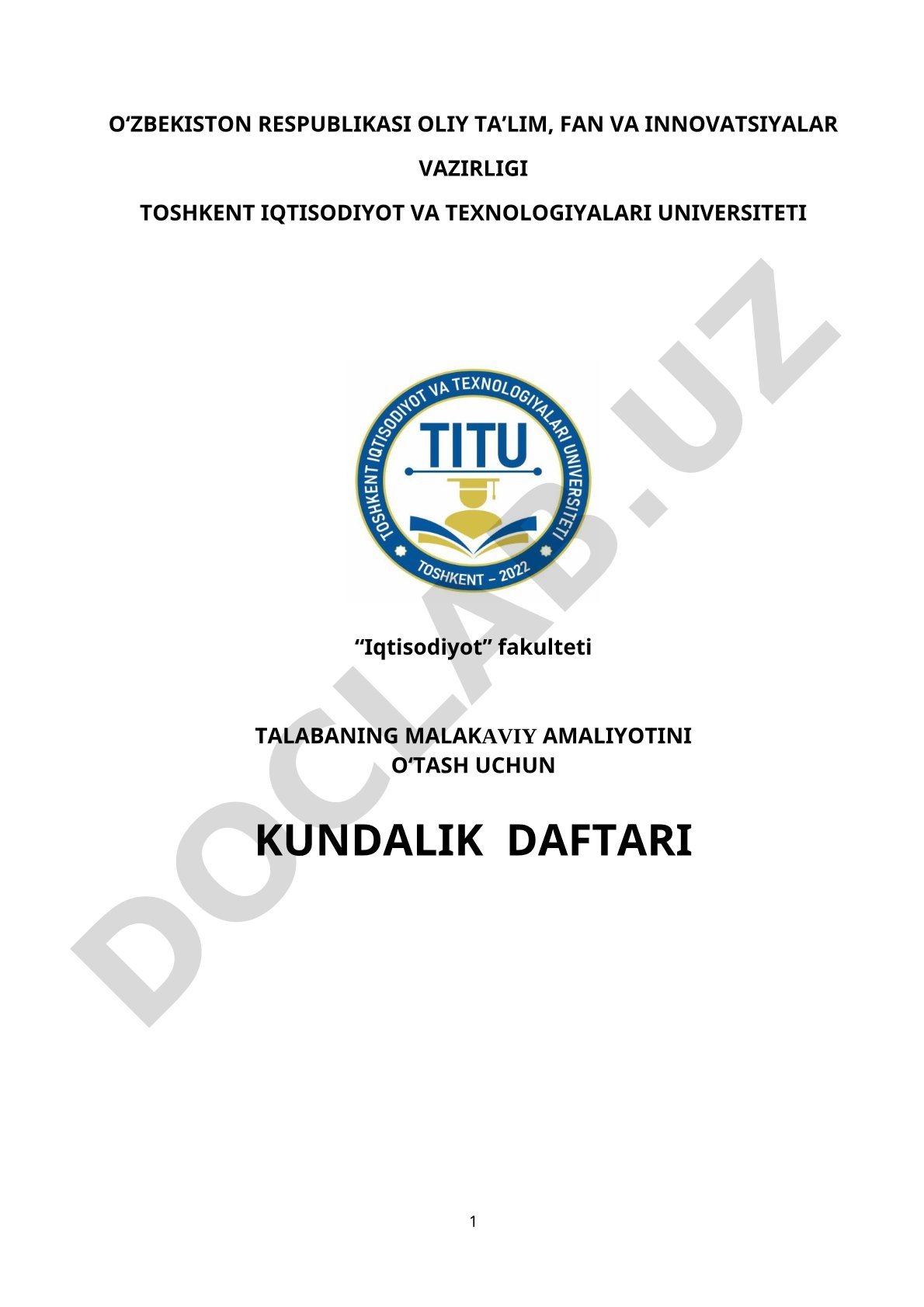 Talabaning malakaviy amaliyotini o'tash uchun kundalik daftari