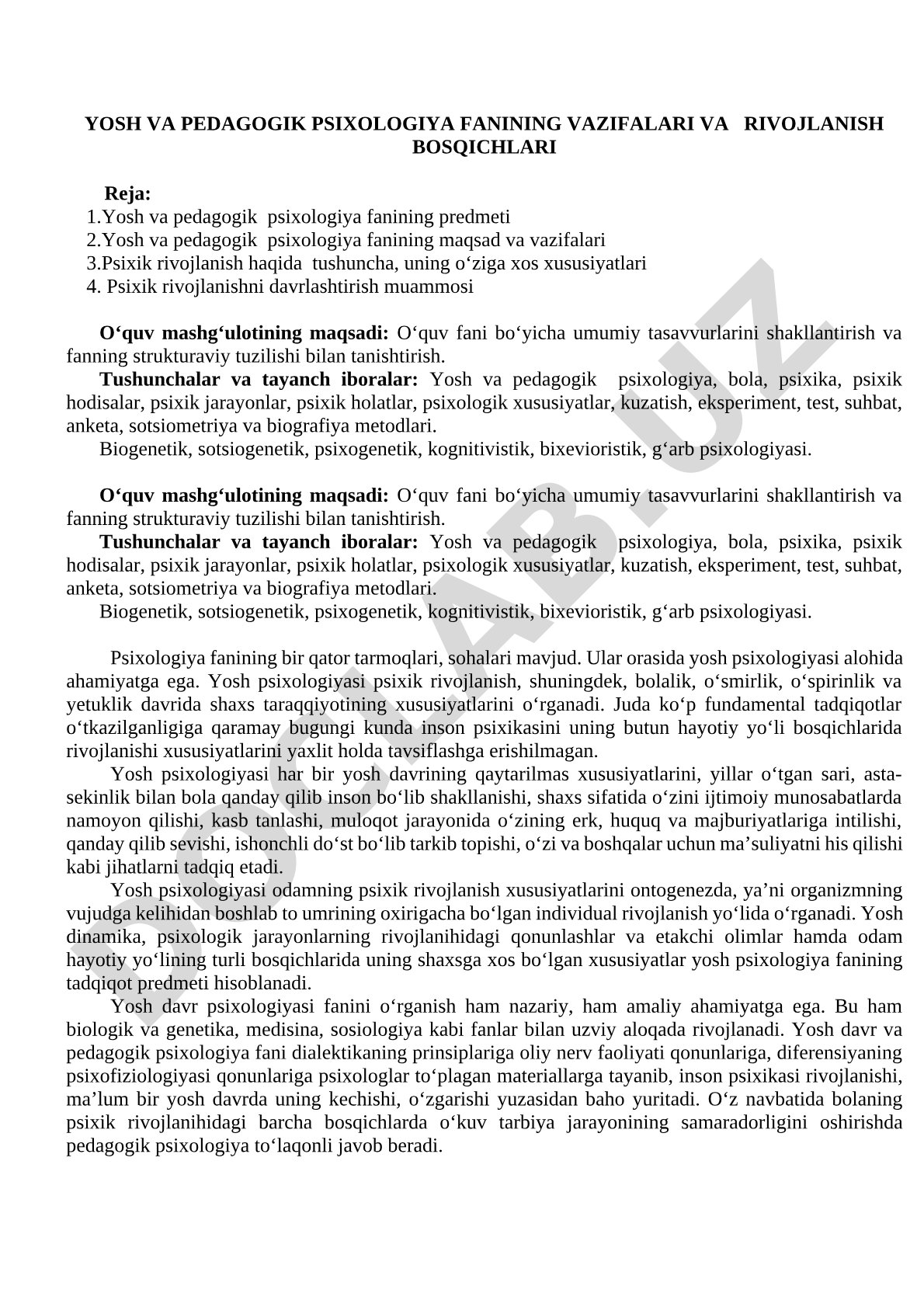Yosh va pedagogik psixologiya fanining vazifalari va rivojlanish bosqichlari