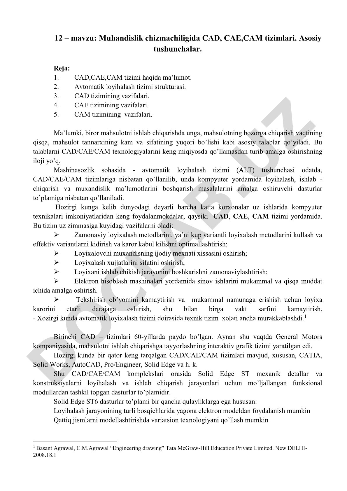 Muhandislik chizmachiligida CAD, CAE, CAM tizimlari asosiy tushunchalar