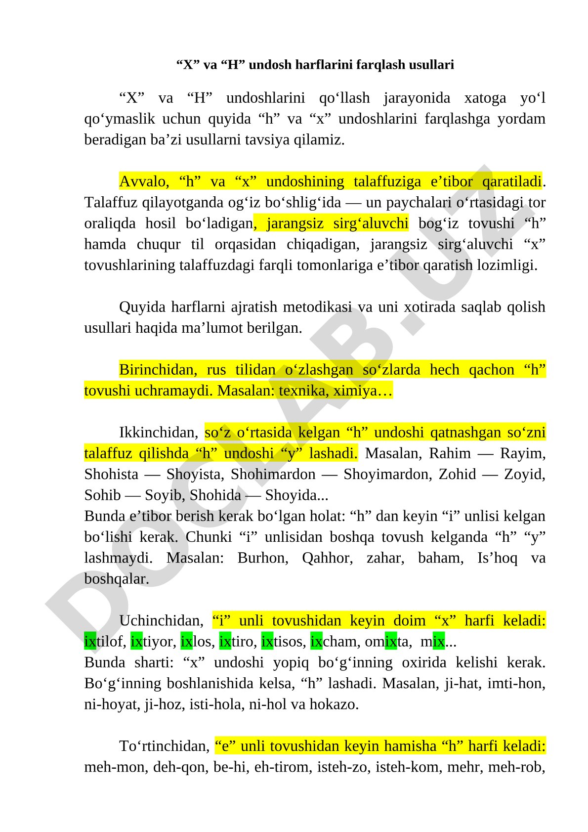 X va H undosh harflarini farqlash usullari