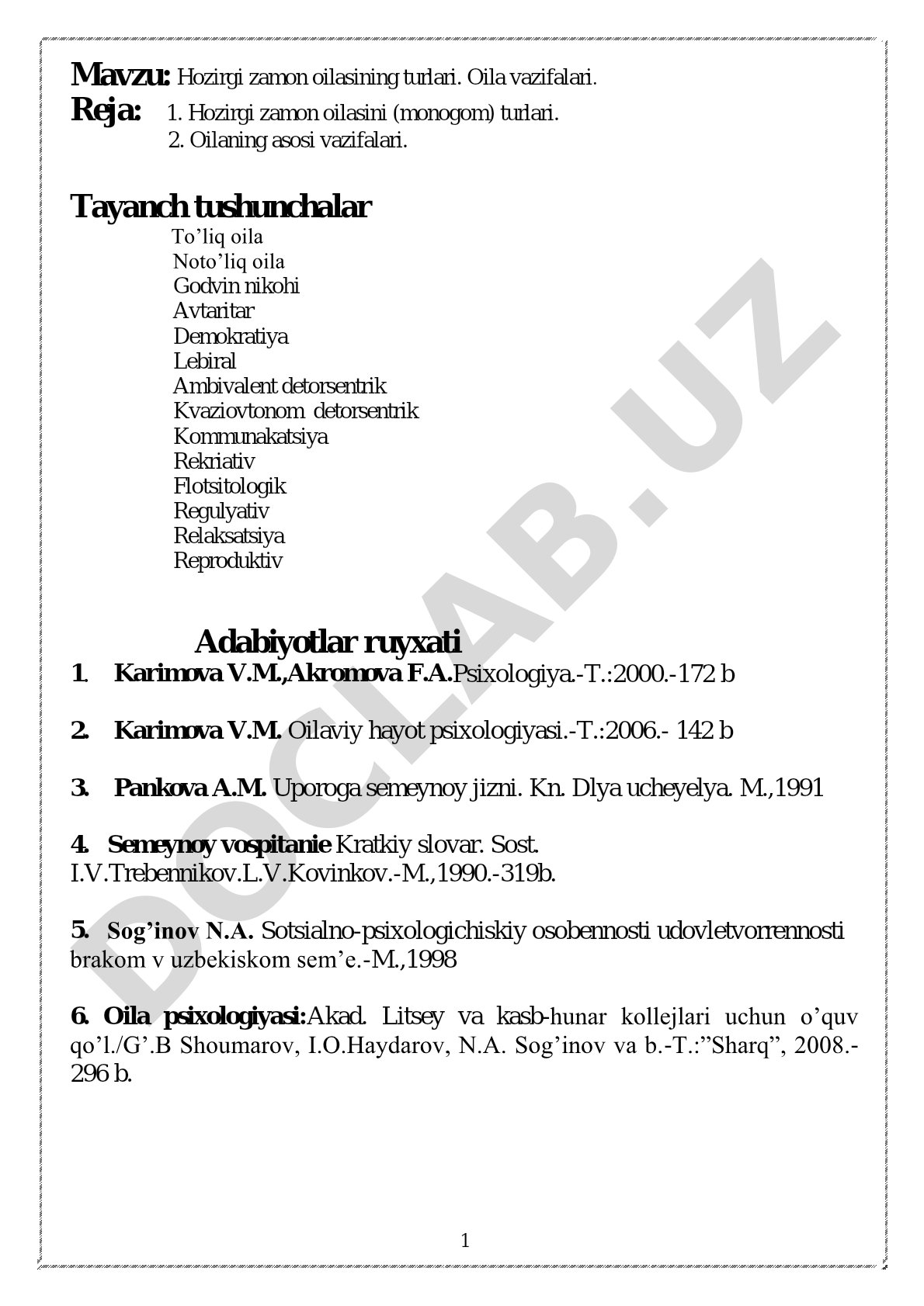 Hozirgi zamon oilasining turlari va vazifalari