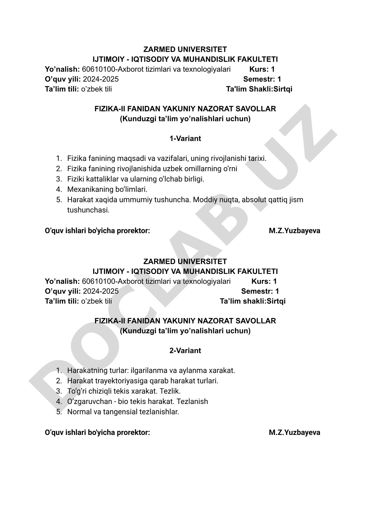 Fizika-II fanidan yakuniy nazorat savollar