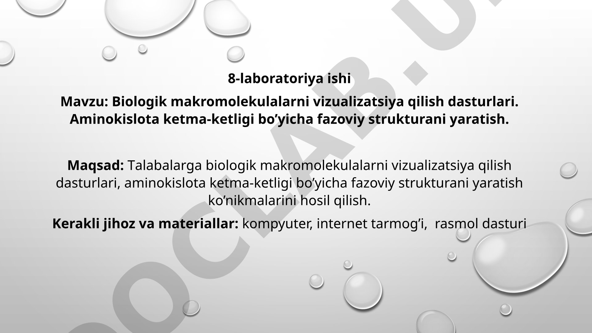 Biologik makromolekulalarni vizualizatsiya qilish dasturlari. Aminokislota ketma-ketligi bo’yicha fazoviy strukturani yaratish.
