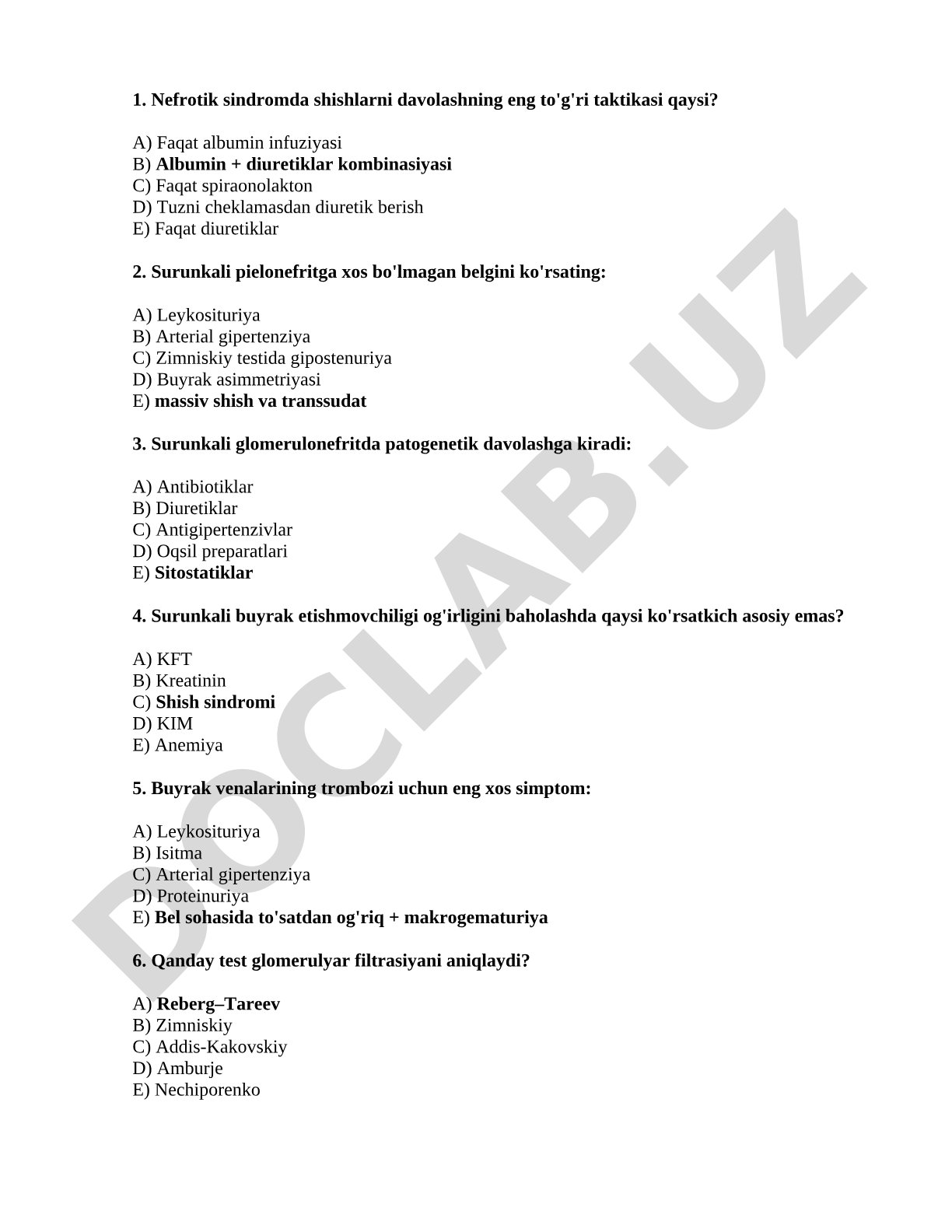 Nefrotik sindrom va buyrak kasalliklari test savollari
