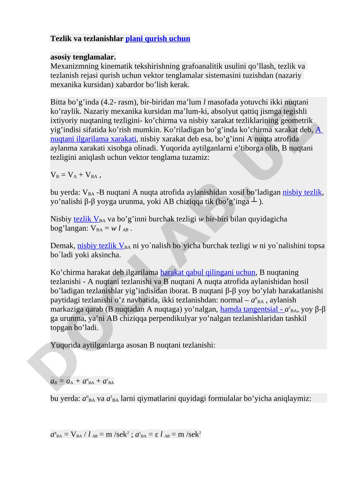 Tezlik va tezlanishlar plani qurish uchun asosiy tenglamalar