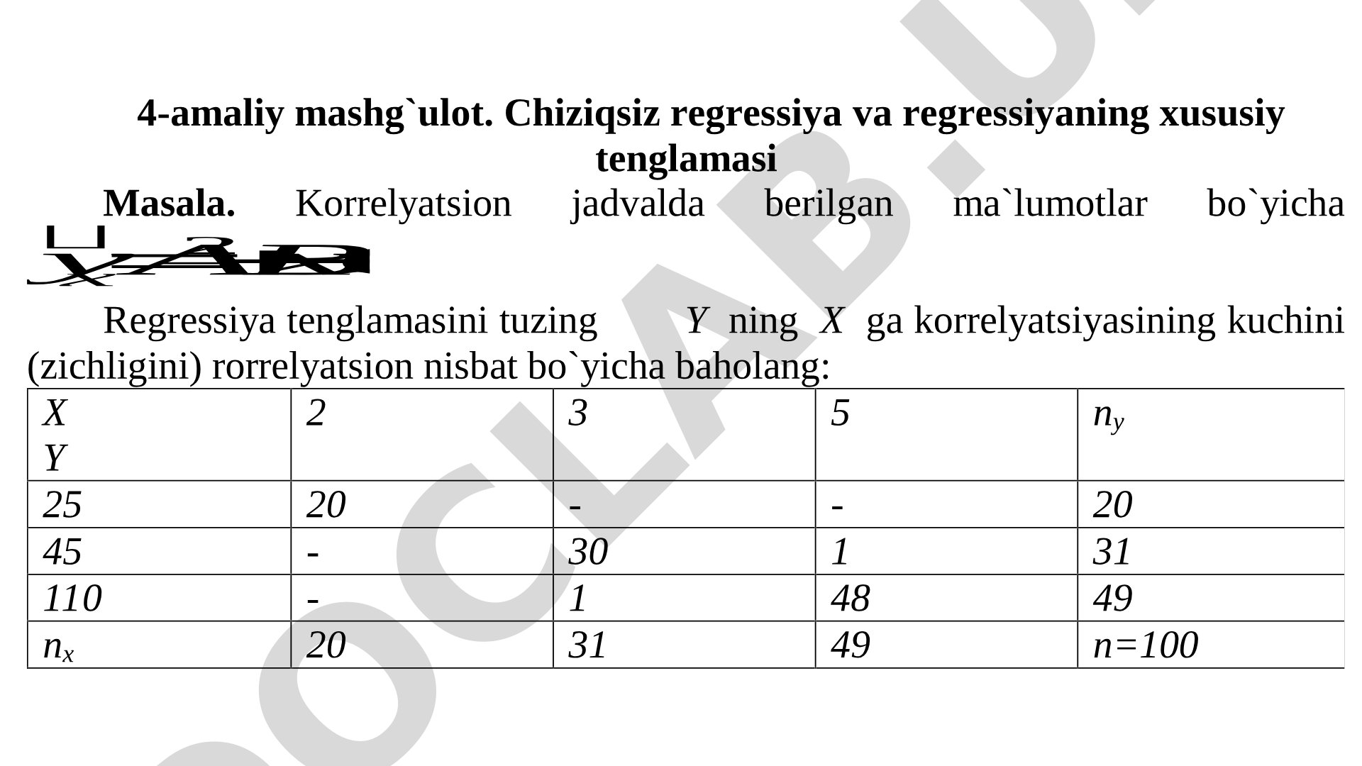Chiziqsiz regressiya va regressiyaning xususiy tenglamasi