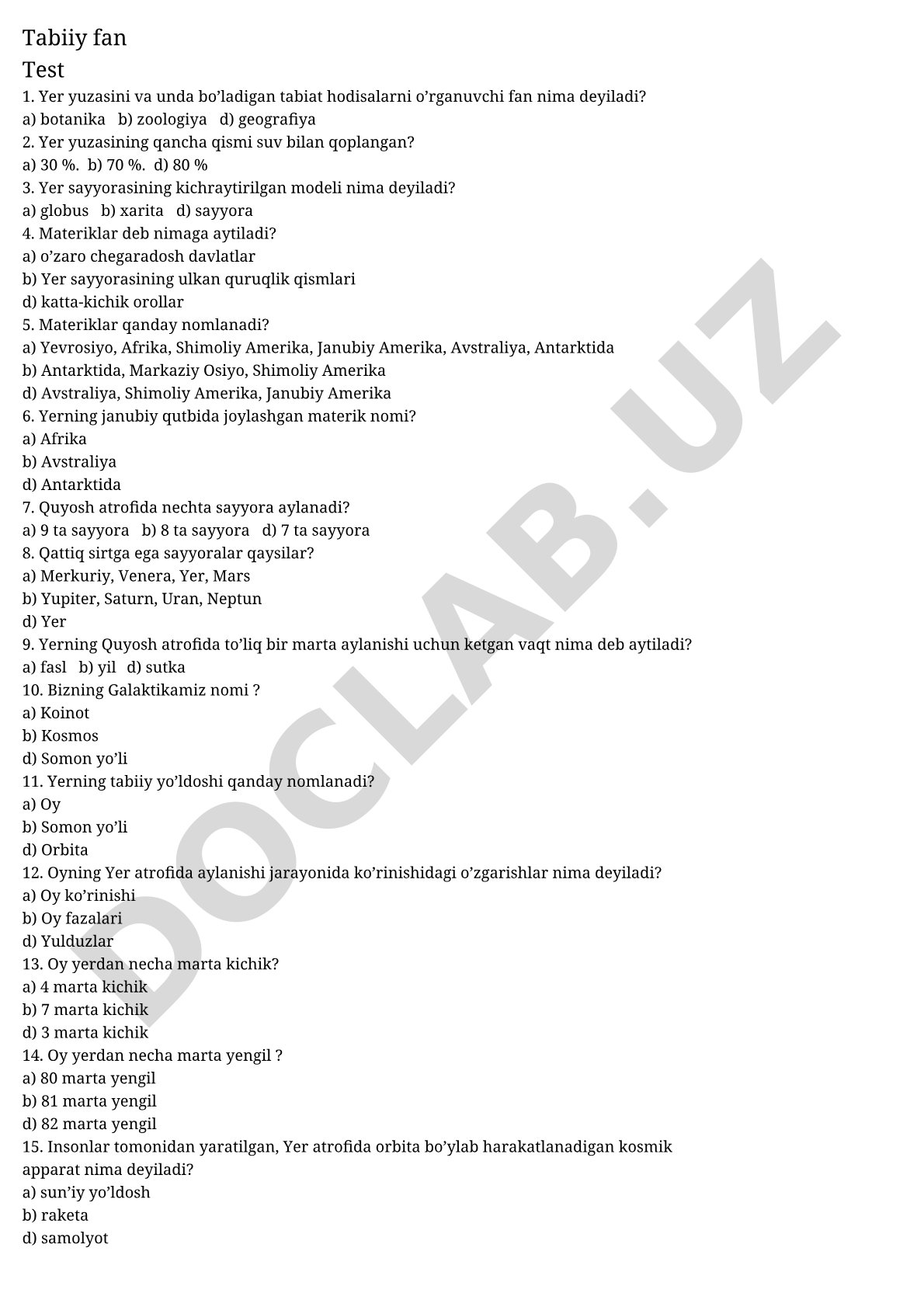 Tabiiy fan: Yer, materiklar va sayyoralar haqida test