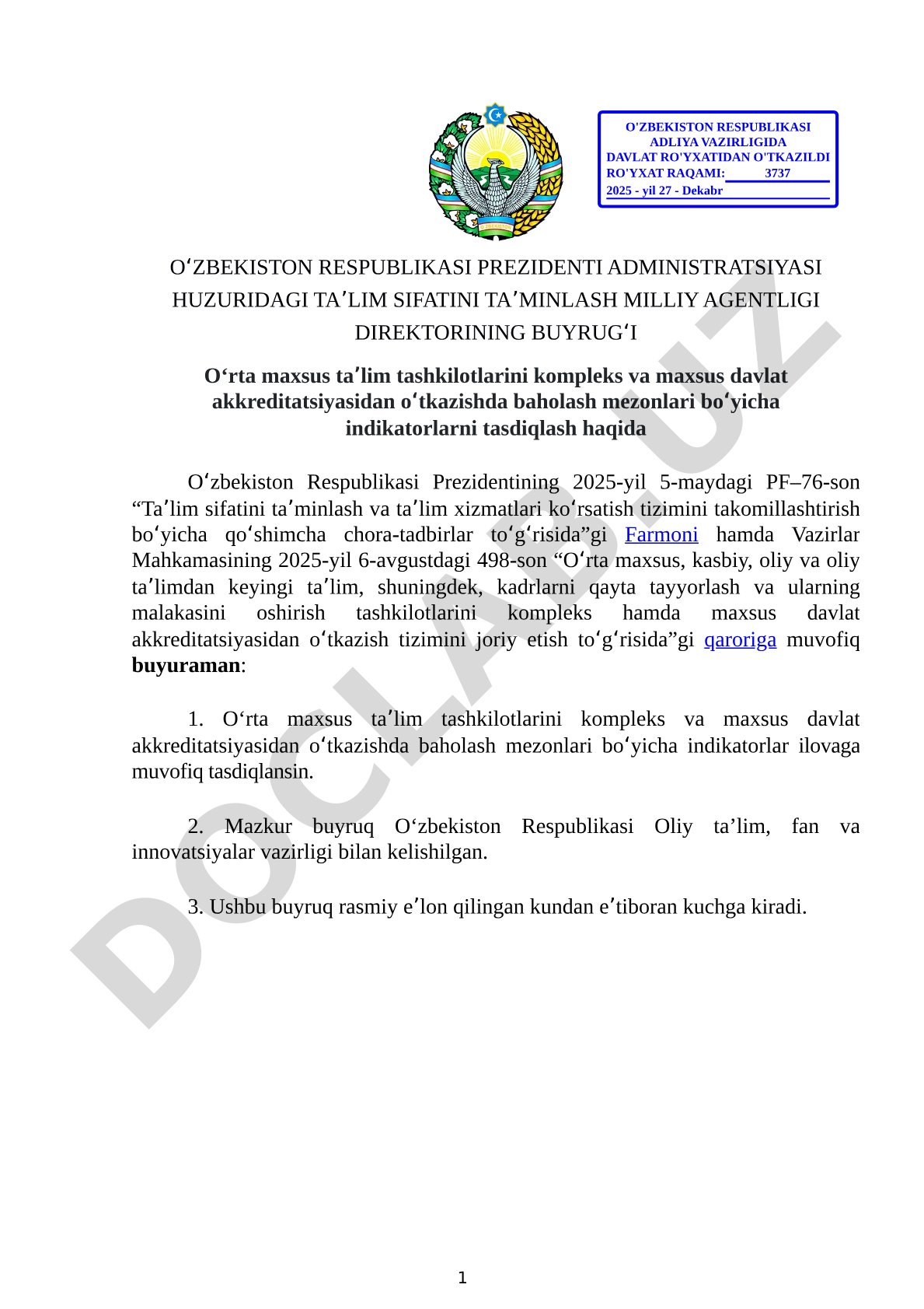 O'rta maxsus ta'lim tashkilotlarini kompleks va maxsus davlat akkreditatsiyasidan o'tkazishda baholash mezonlari bo'yicha indikatorlarni tasdiqlash