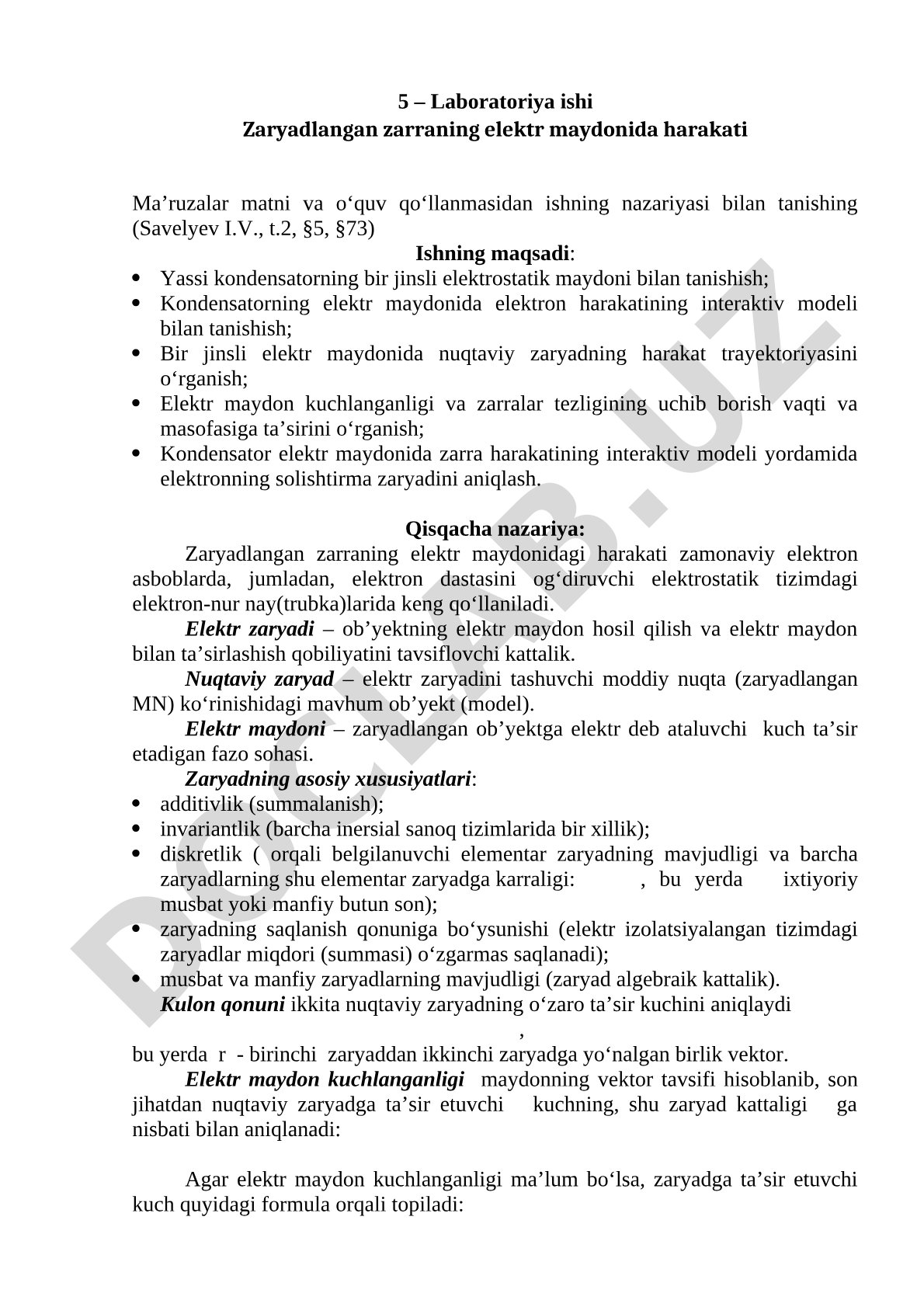 Zaryadlangan zarraning elektr maydonida harakati
