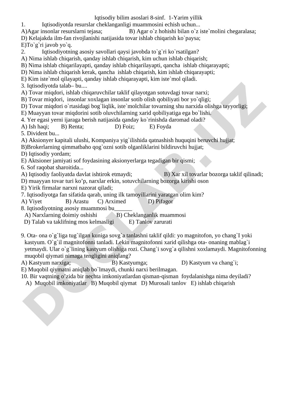 Iqtisodiy bilim asoslari 8-sinf 1-yarim yillik