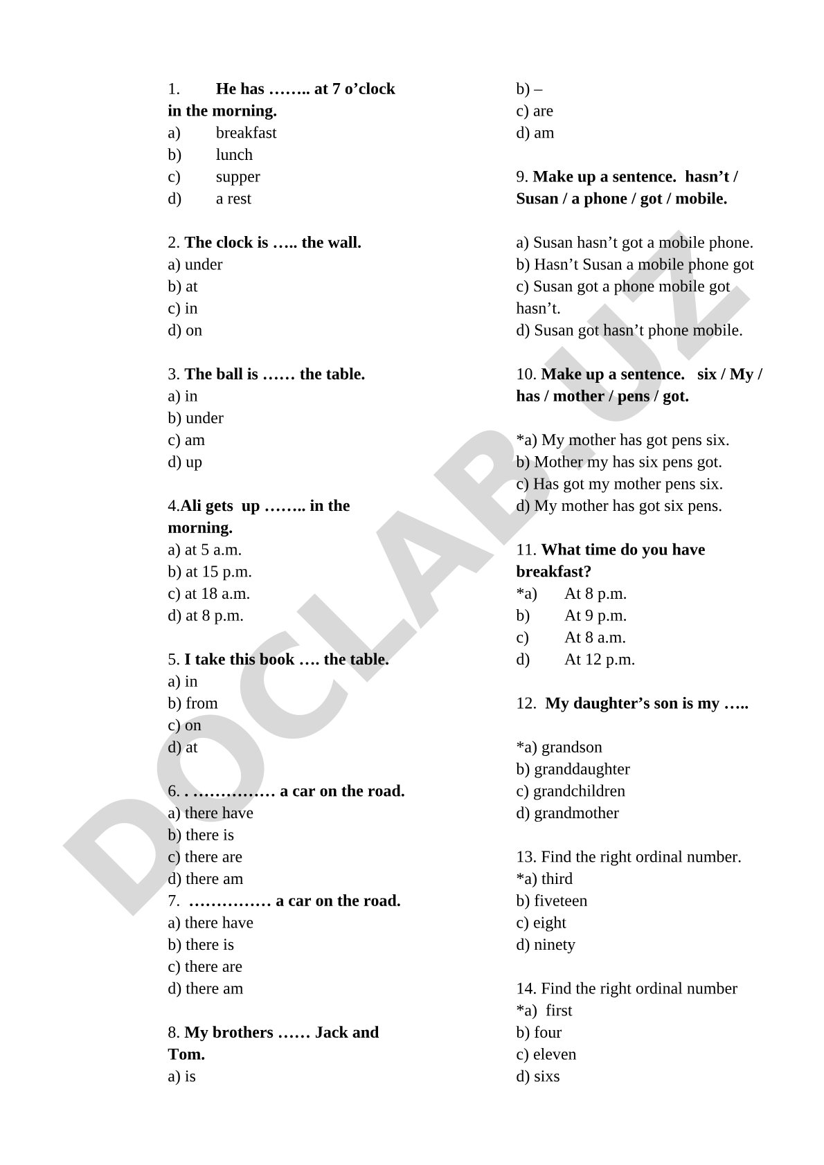 English Grammar Test for Basic Level