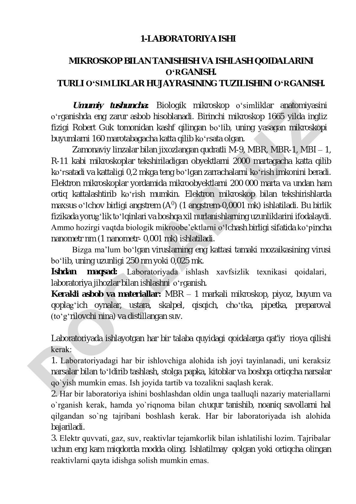Mikroskop bilan ishlash va o‘simliklar hujayrasining tuzilishini o‘rganish