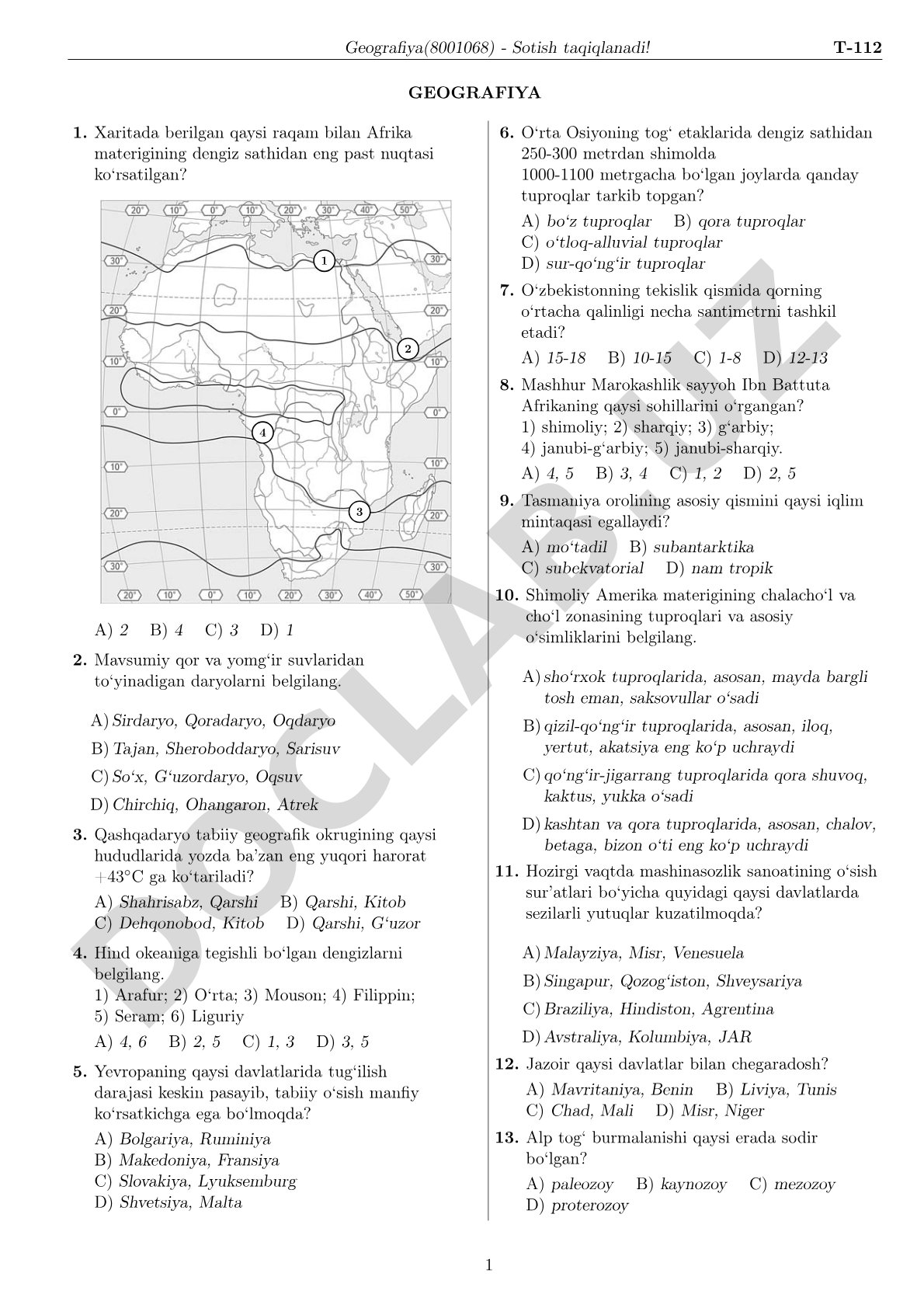 Geografiya test savollari