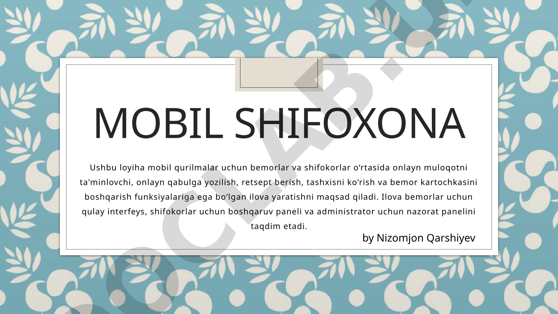 Bemor va shifokorlar uchun onlayn muloqot va qabulga yozilish imkoniyatiga ega mobil