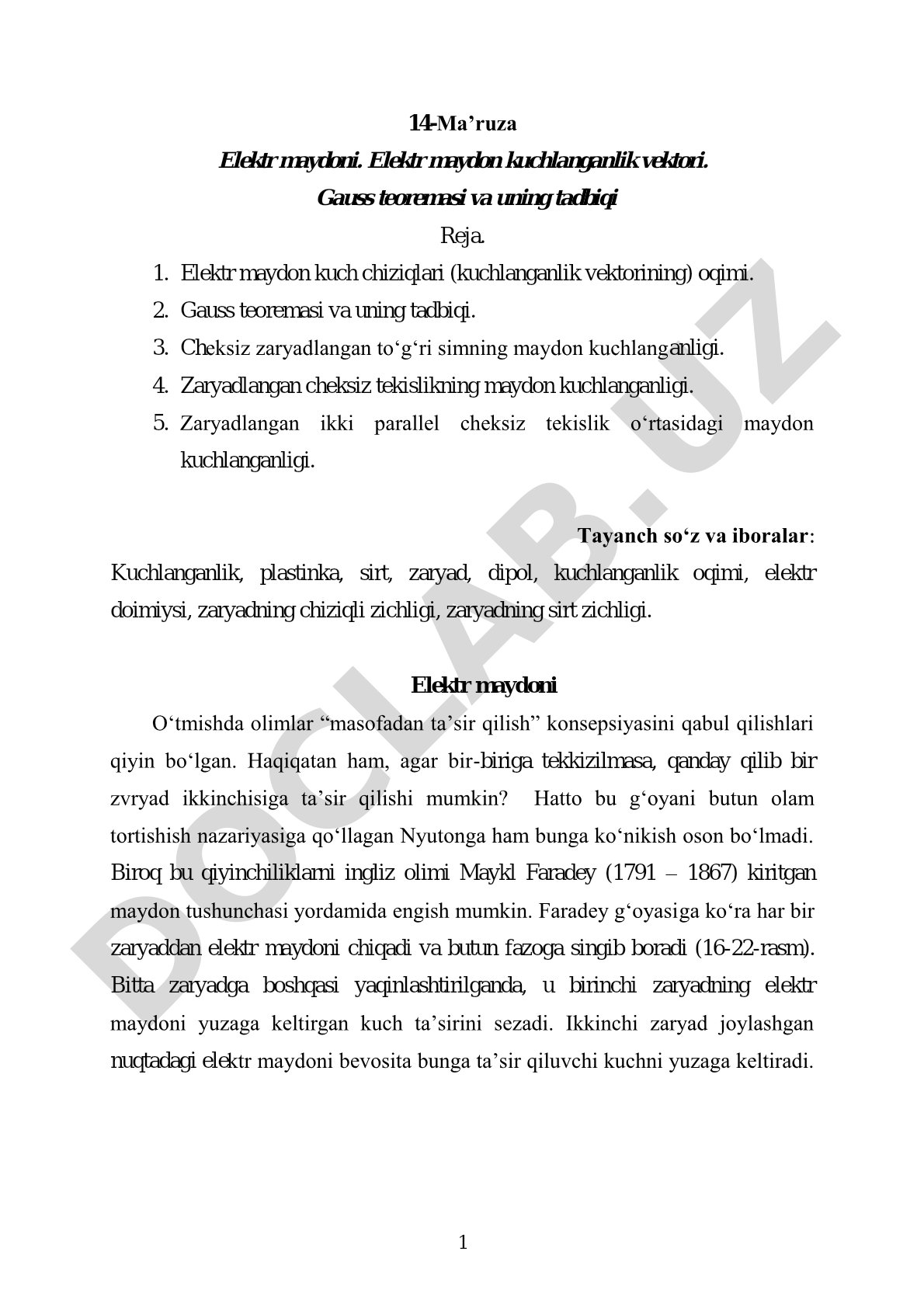 Elektr maydoni. Elektr maydon kuchlanganlik vektori. Gauss teoremasi va uning tadbiqi