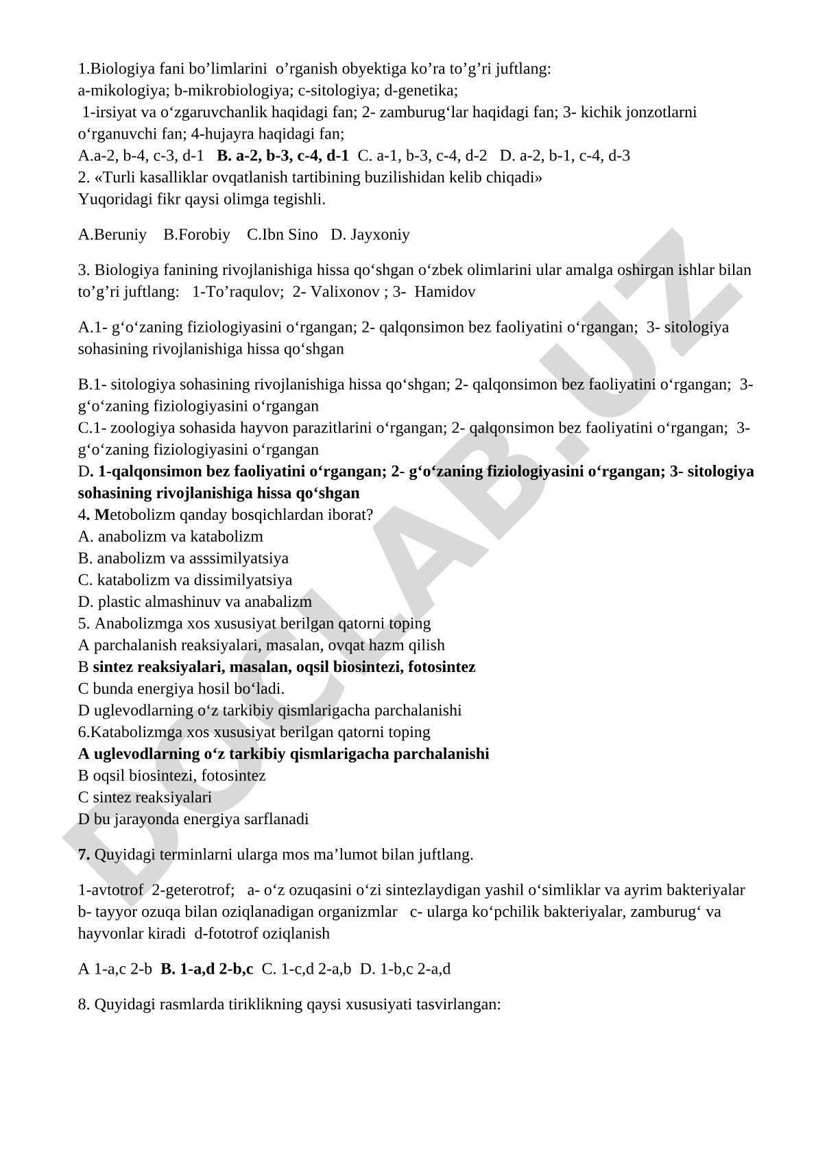 Biologiya fanidan test savollari