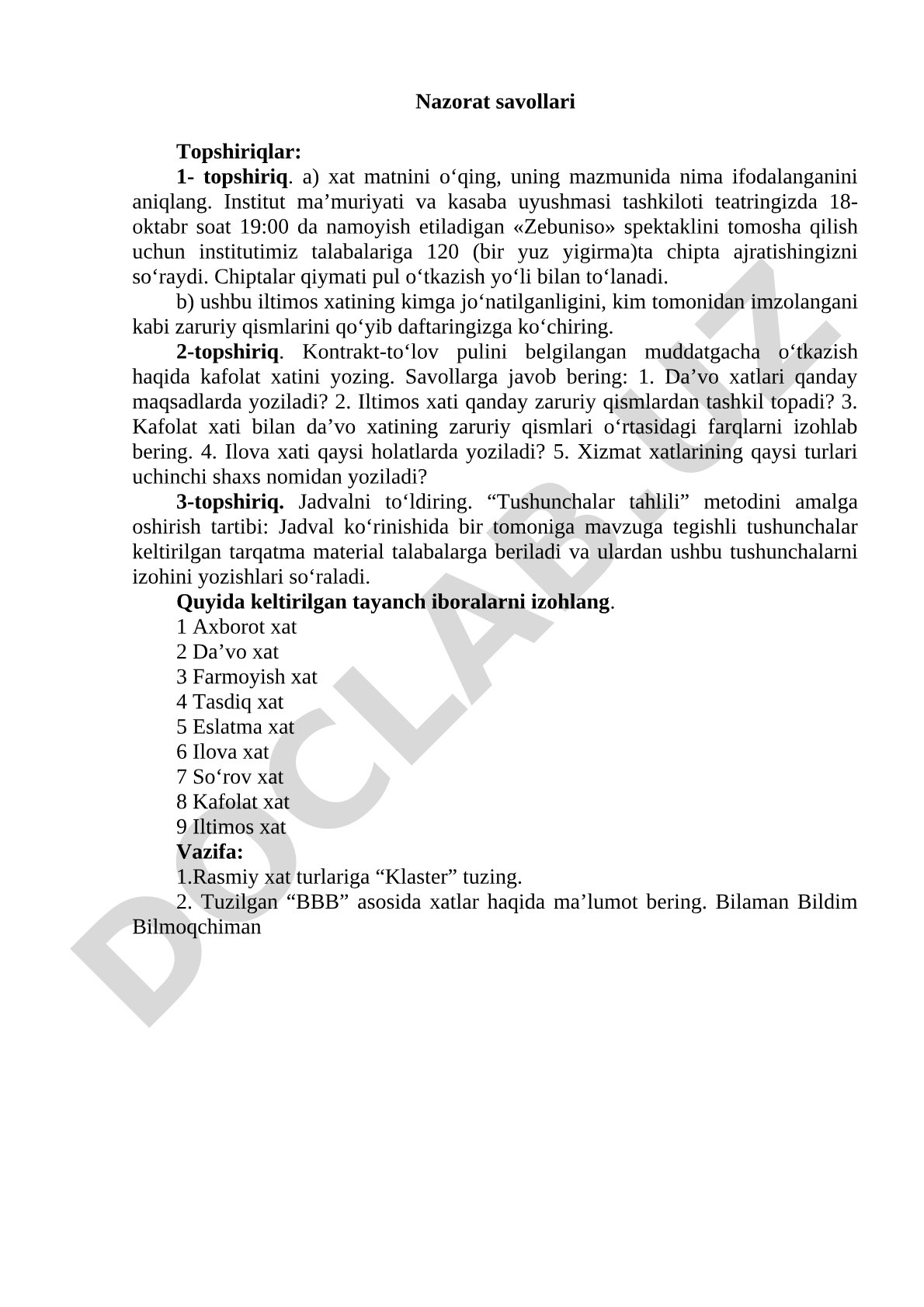Rasmiy xat turlari bo‘yicha nazorat savollari va topshiriqlar