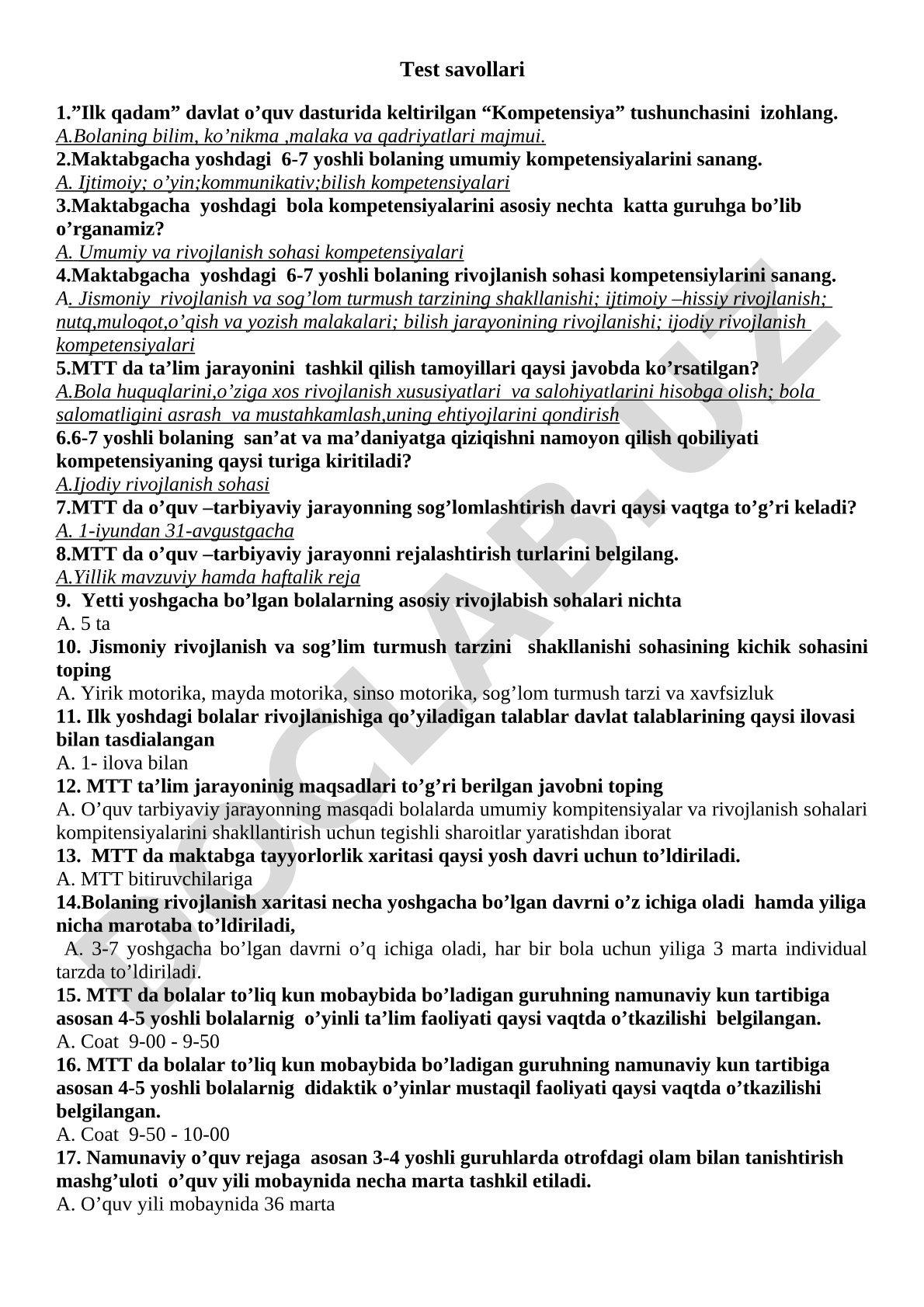 Ilk qadam davlat o'quv dasturi kompetensiyalari
