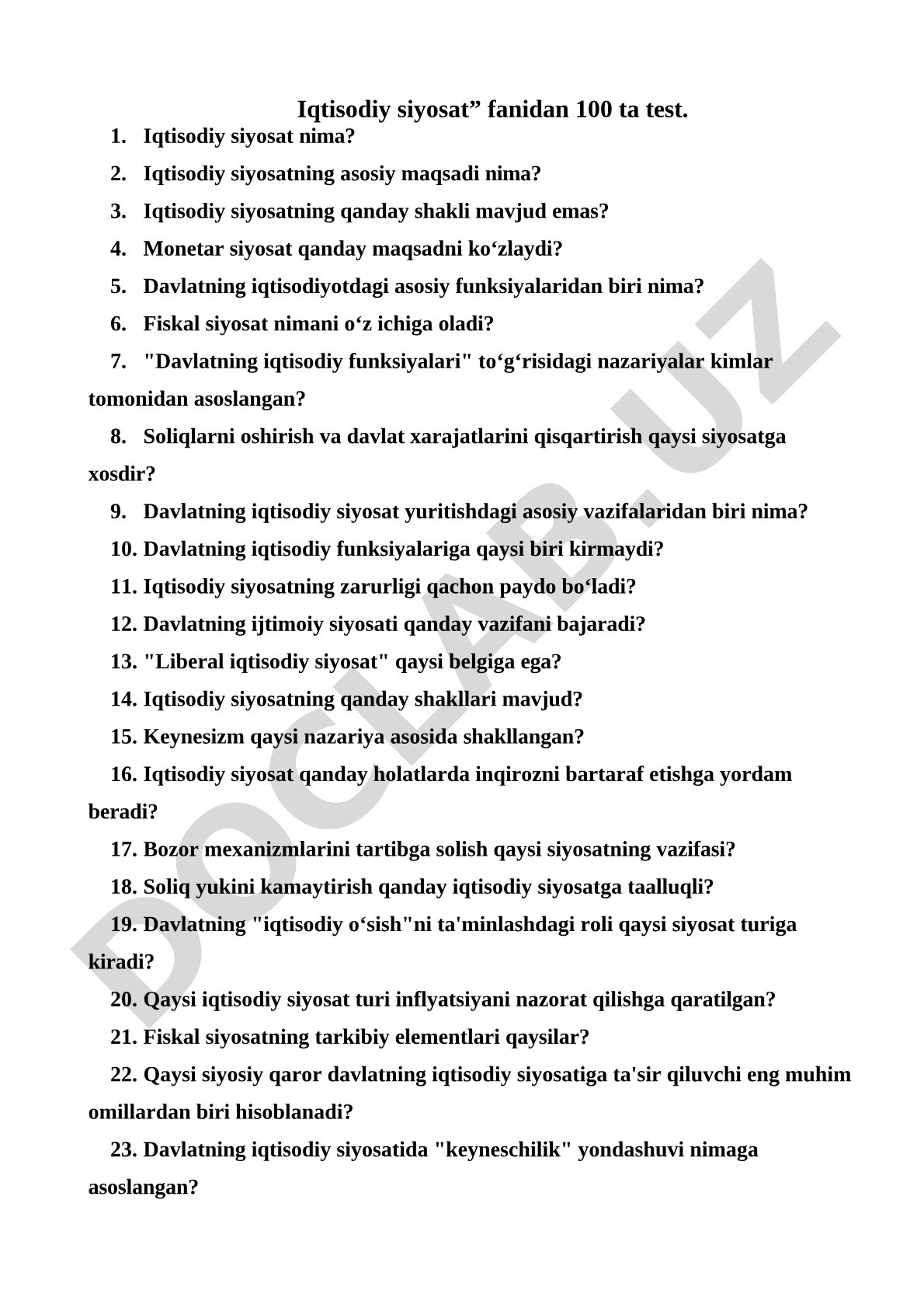 Iqtisodiy siyosat fanidan 100 ta test