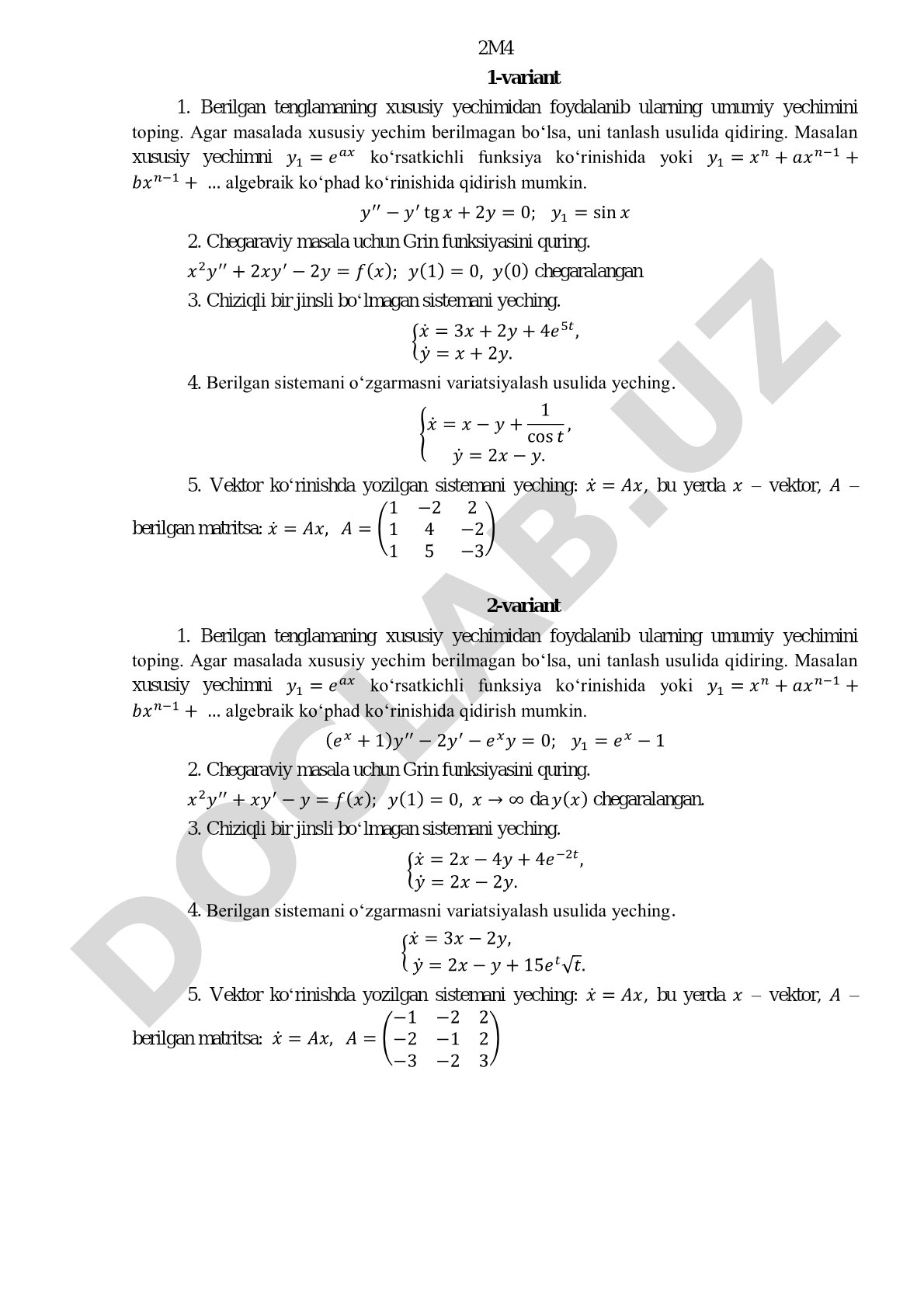 Differensial tenglamalarning umumiy yechimi va Grin funksiyasi