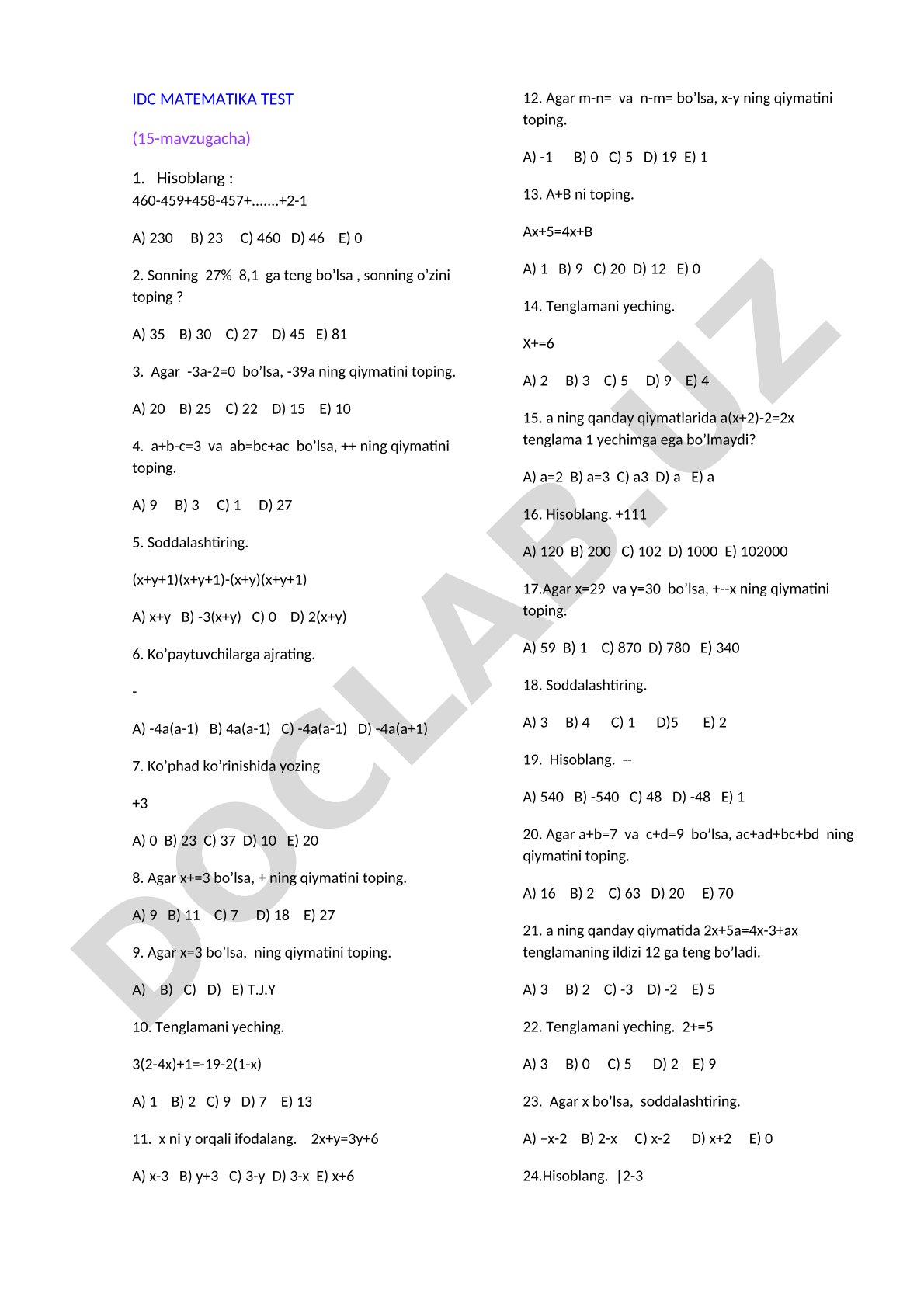 IDC Matematika test (15-mavzugacha)