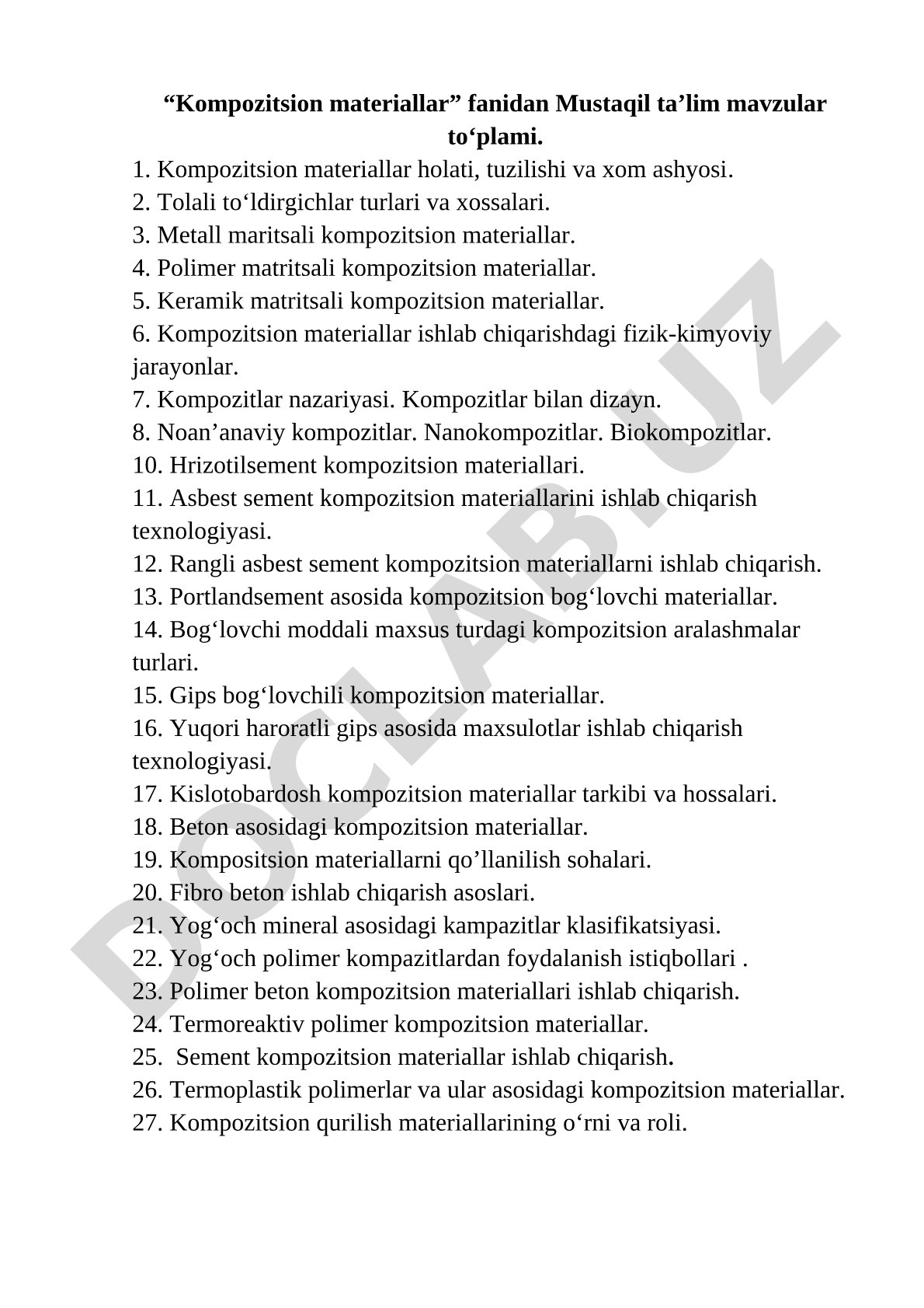 Kompozitsion materiallar fanidan Mustaqil ta’lim mavzular to‘plami