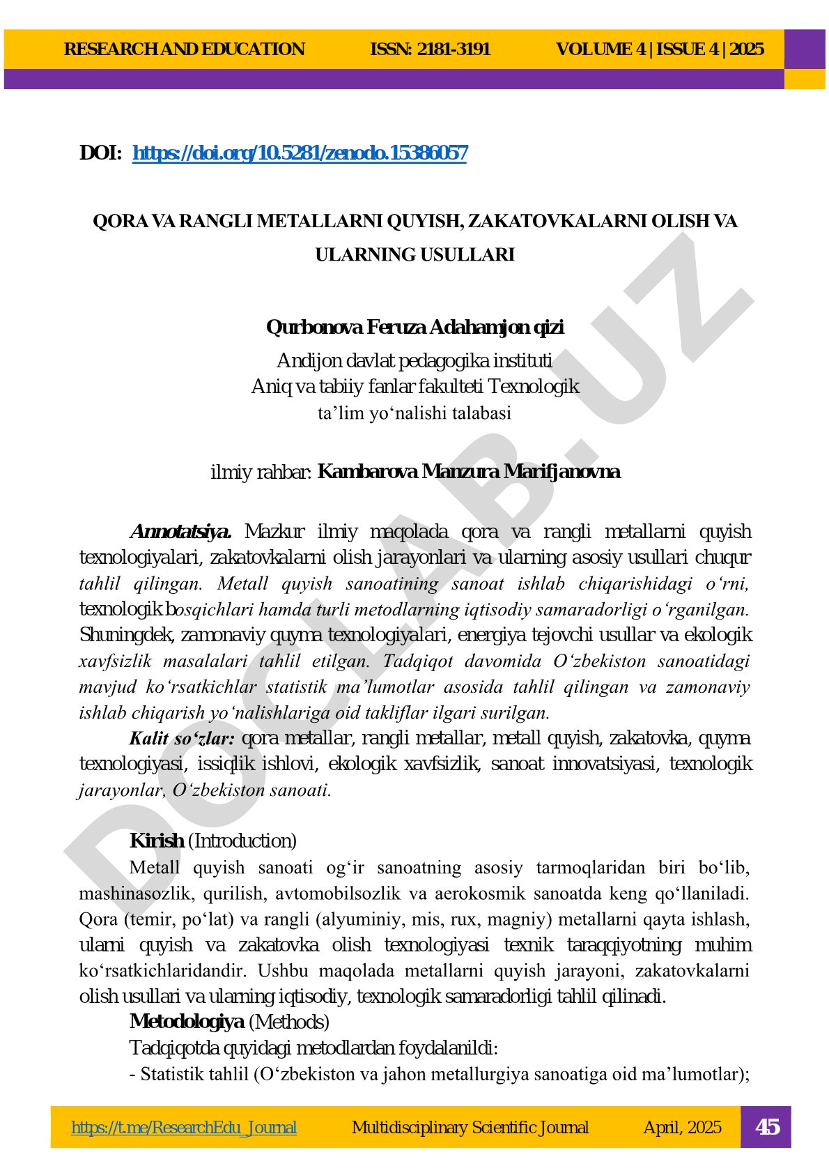 Qora va rangli metallarni quyish, zakatovkalarni olish va ularning usullari