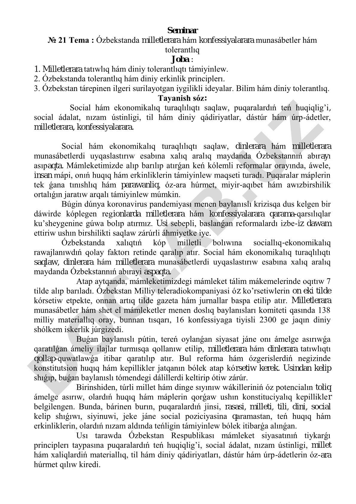 Ózbekstanda milletlerara hám konfessiyalarara munasábetler hám tolerantlıq