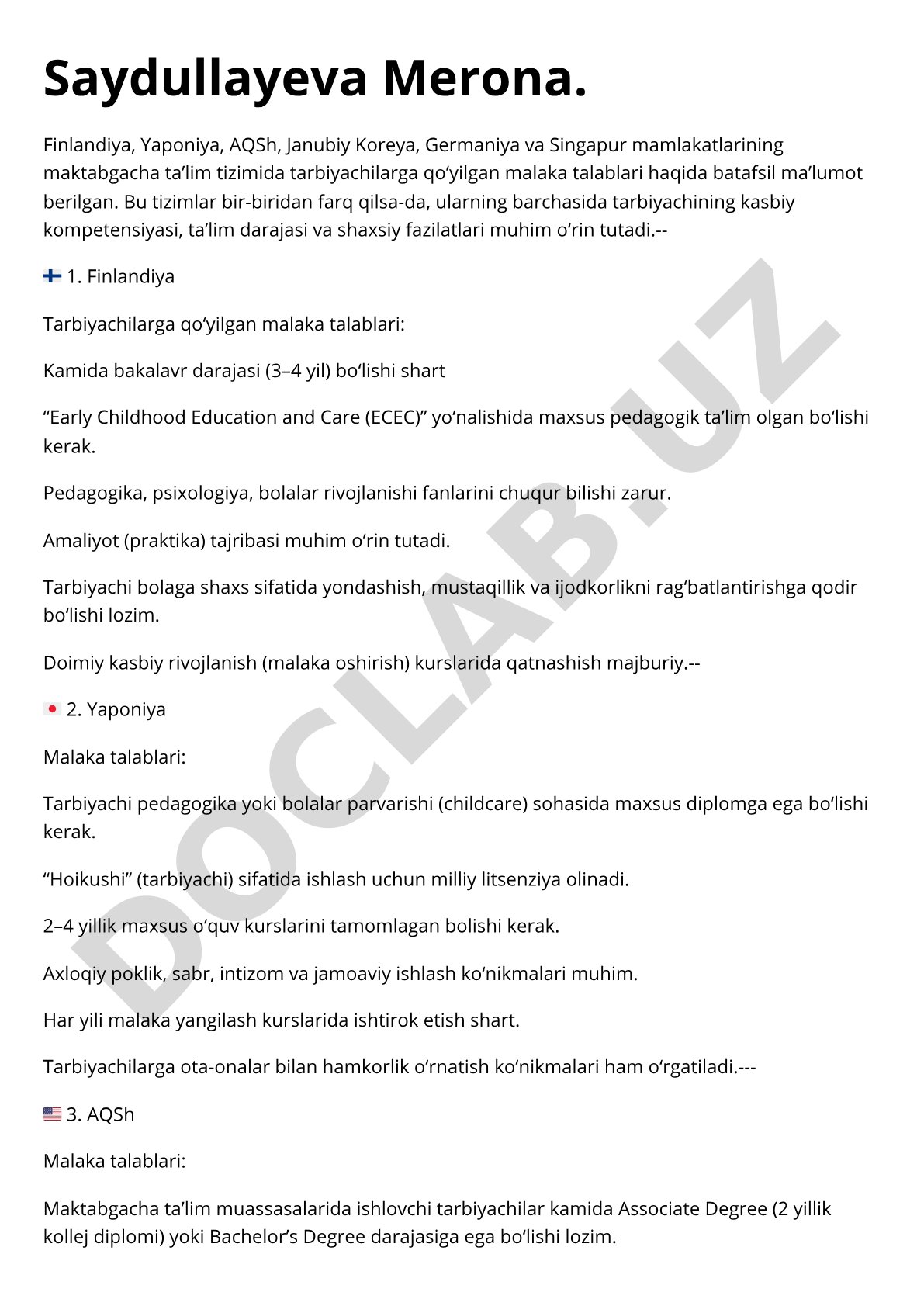 Finlandiya, Yaponiya, AQSh, Janubiy Koreya, Germaniya va Singapurda maktabgacha ta'lim tarbiyachilariga qo'yiladigan malaka talablari