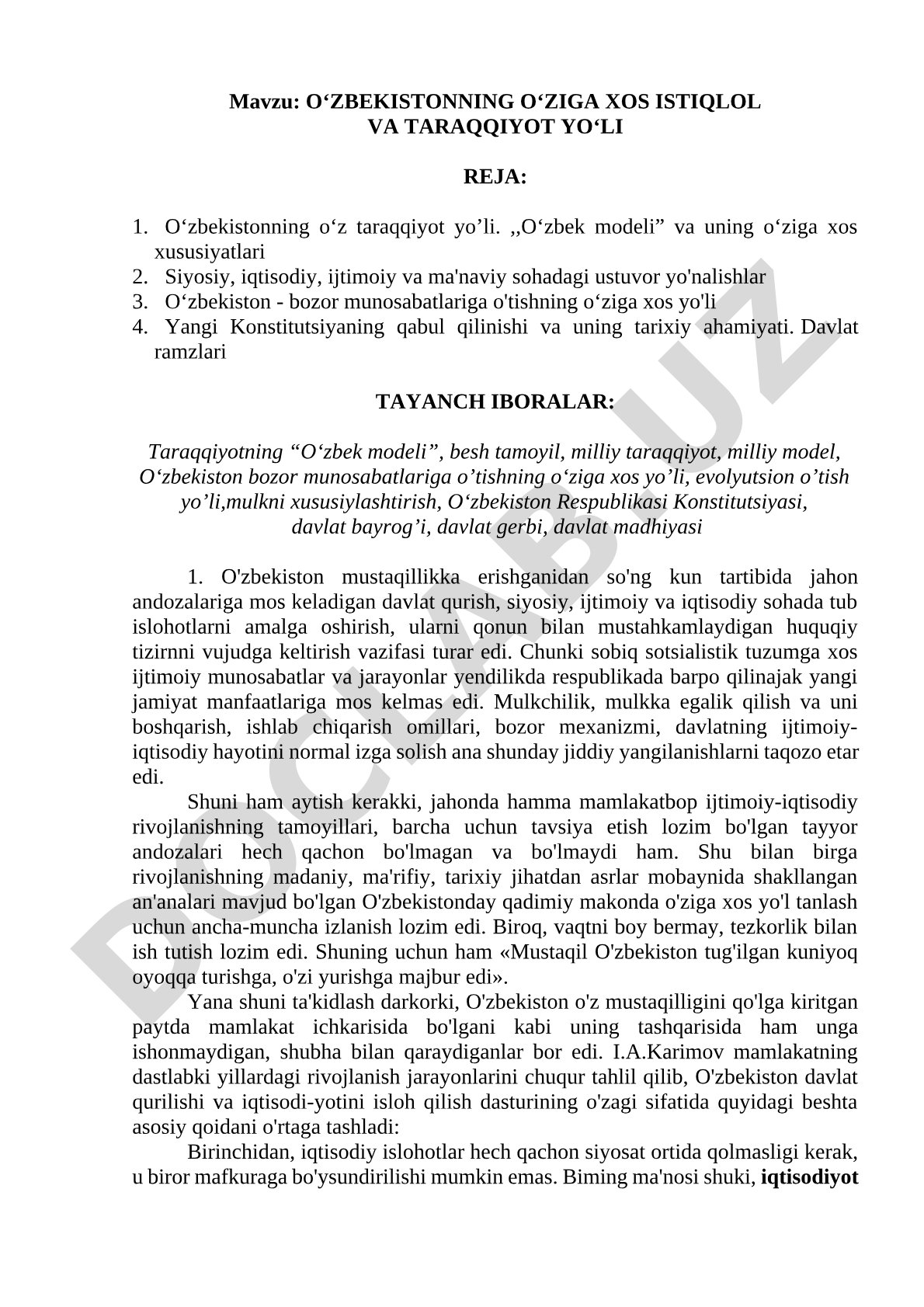 O‘ZBEKISTONNING O‘ZIGA XOS ISTIQLOL VA TARAQQIYOT YO‘LI
