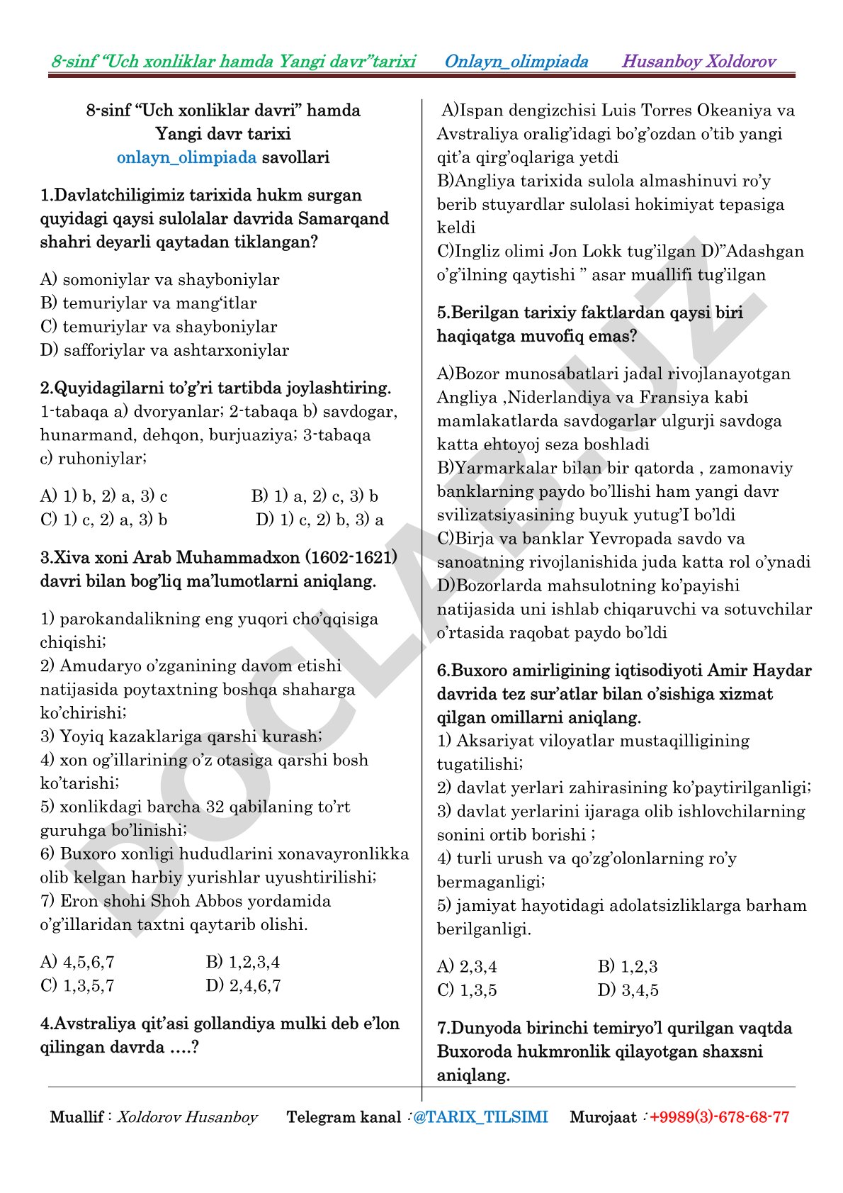 8-sinf Uch xonliklar hamda Yangi davr tarixi onlayn olimpiada savollari