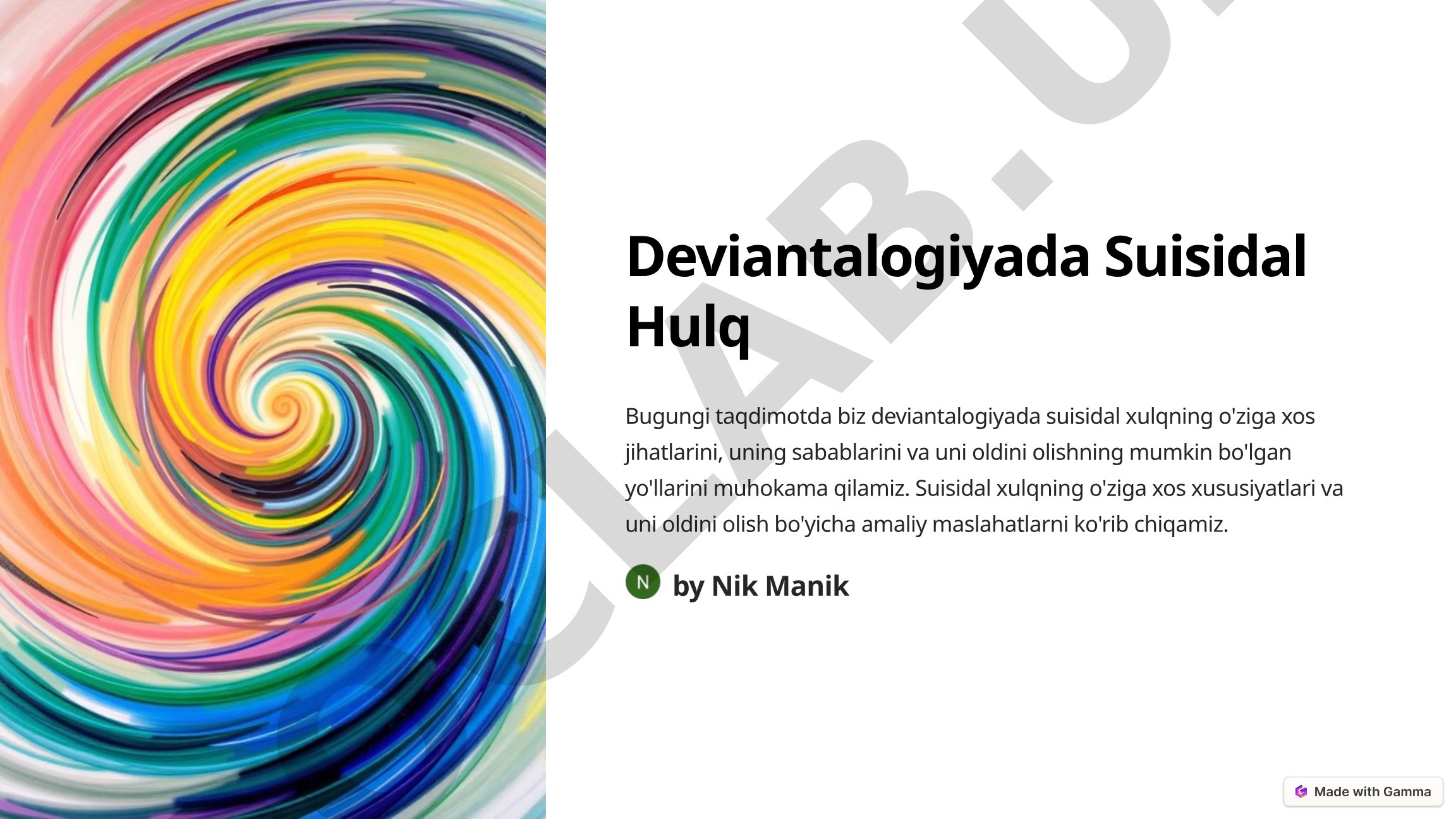 Suisidal xulqning ta'rifi, belgilari, sabablari va oldini olish usullari yoritilgan