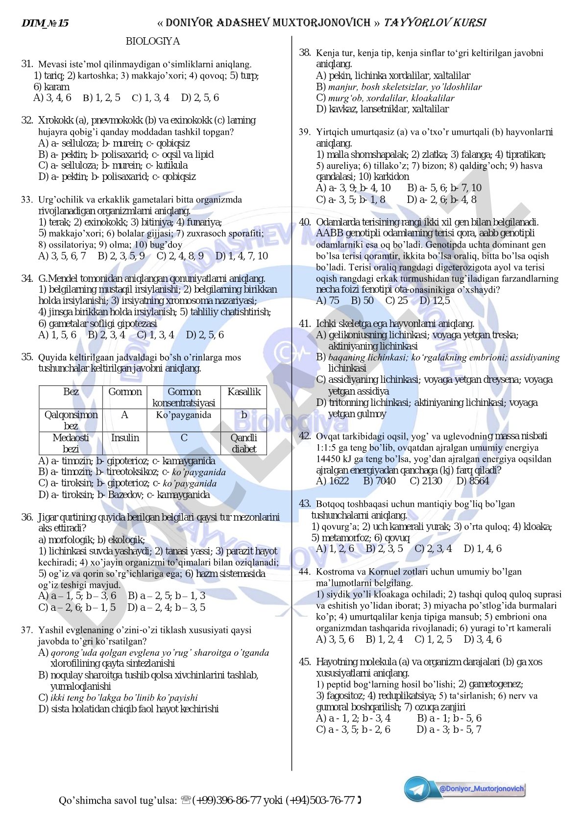 Biologiya fanidan test savollari to'plami